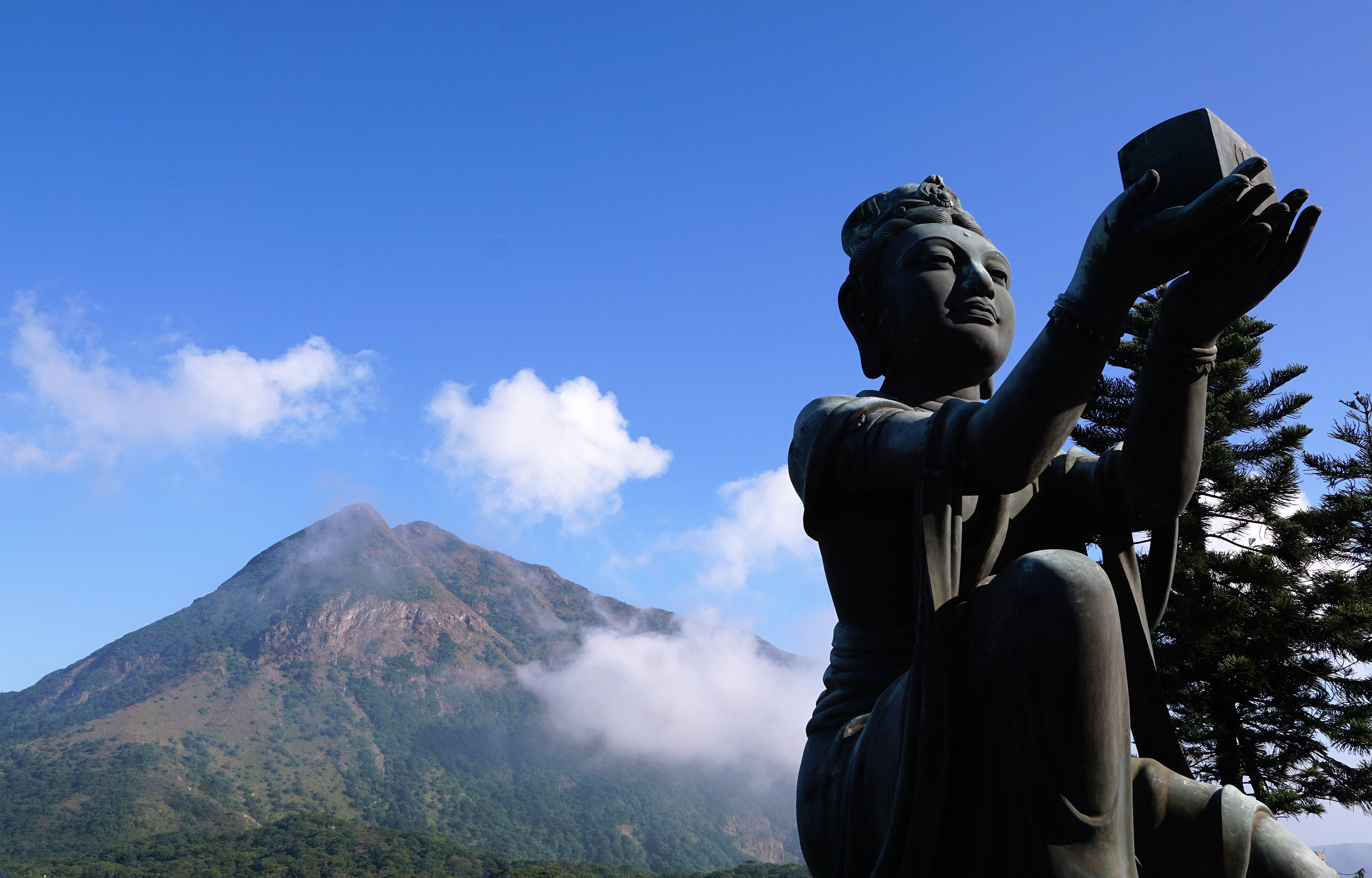 representation, art and craft, tranquil scene, 5K, statue, belief, human, background, low, mountain peak, angle, sculpture, spirituality, island, mountain, HD Wallpaper