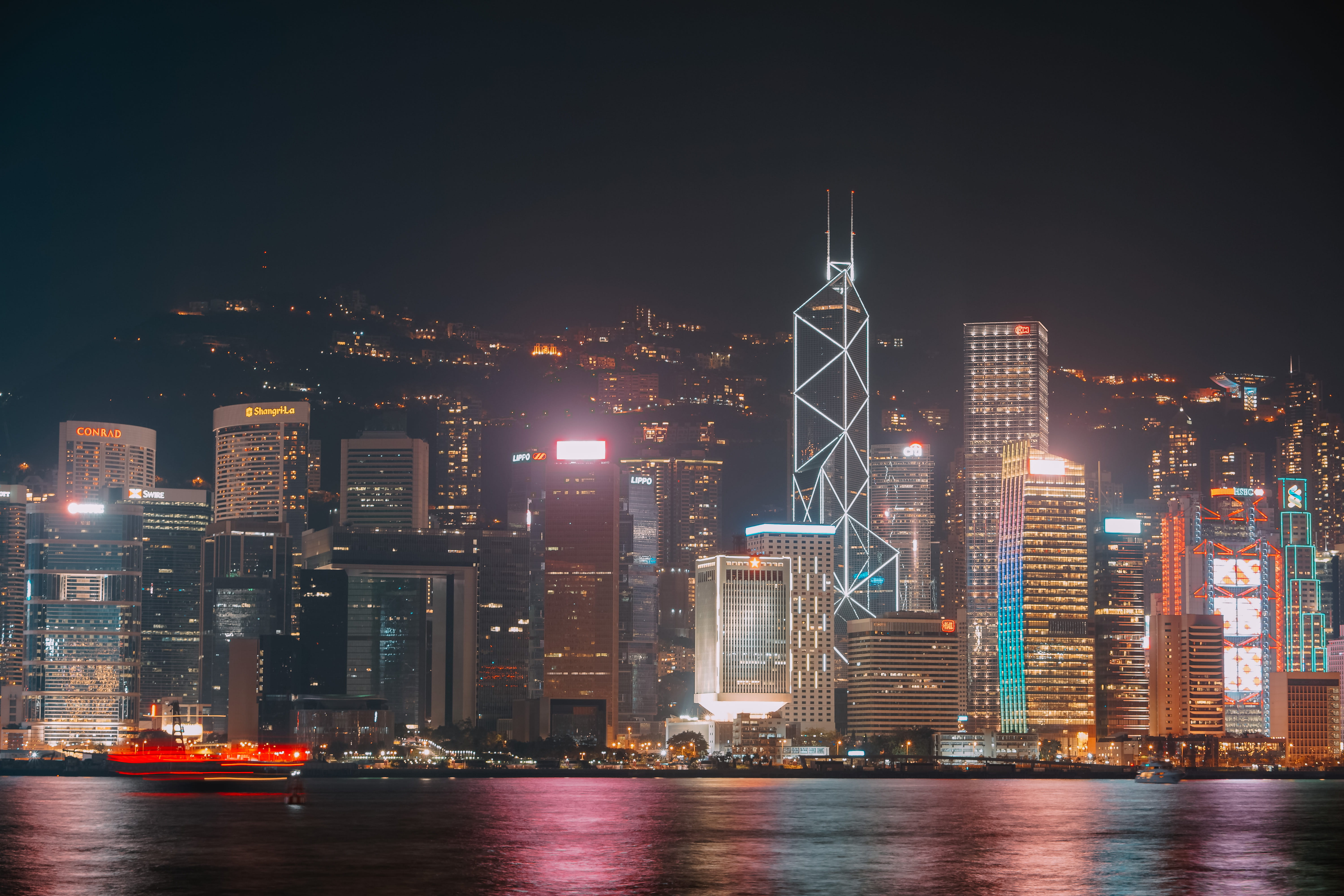 waterfront, city, urban, ship, urban skyline, hong kong, bright, hong, 5K, boat, light, tall - high, travel, nighttime, architecture, building exterior, HD Wallpaper