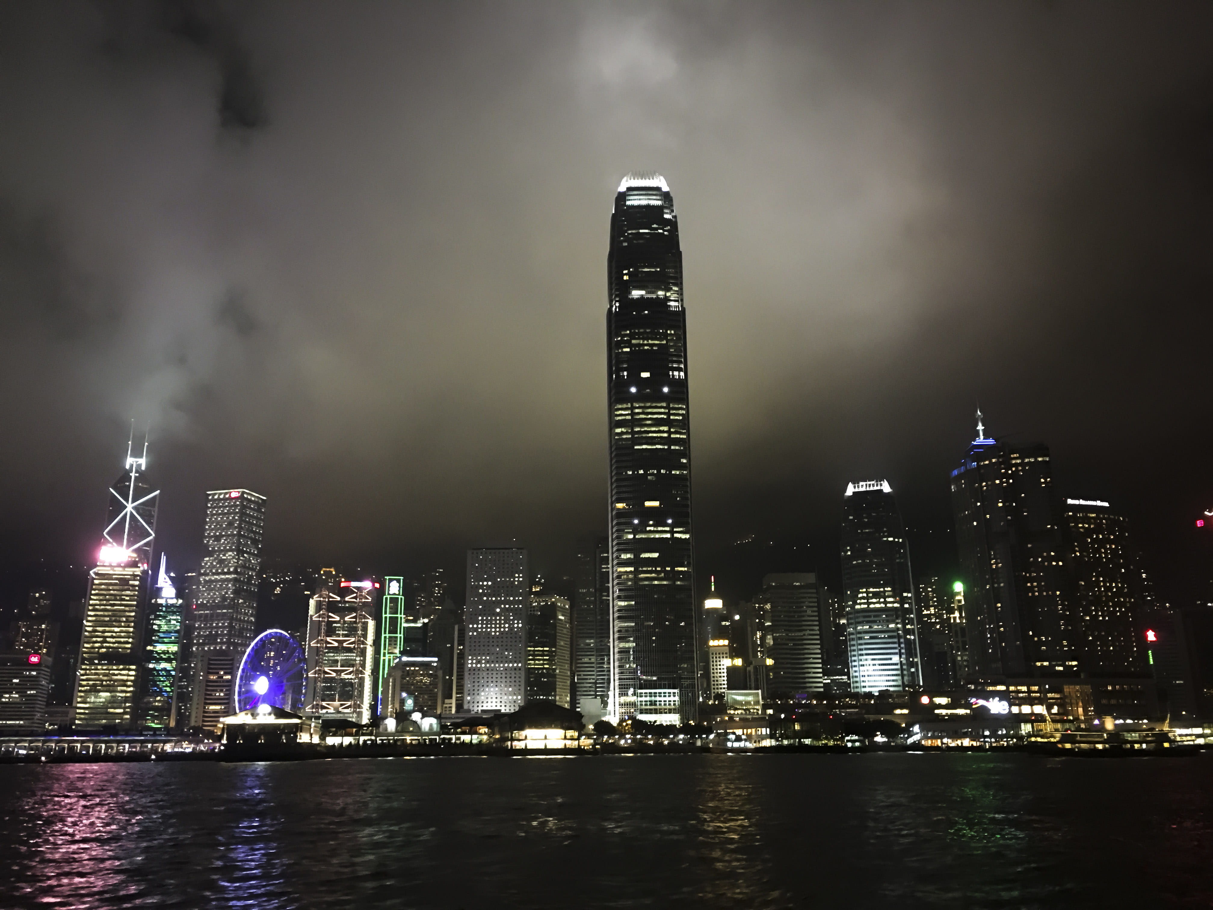 built structure, buildings, night time, office building exterior, cloudy, outdoors, night, skyline, skyscraper, modern, tall - high, ferris, building exterior, HD Wallpaper