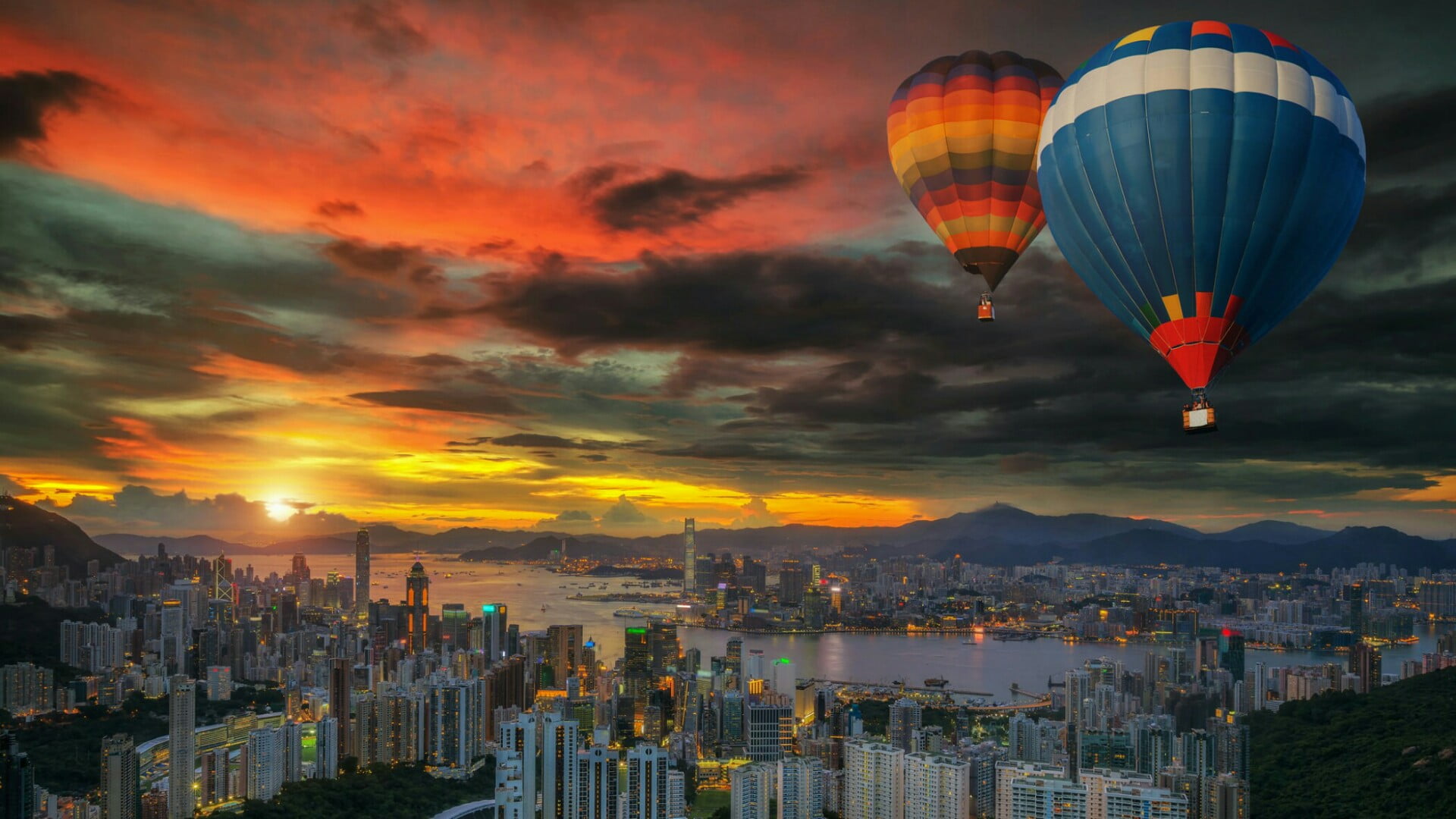 no people, asia, built structure, building, flying, hot air ballooning, architecture, hong kong, atmosphere of earth, cloud - sky, city, landscape, fly, HD Wallpaper