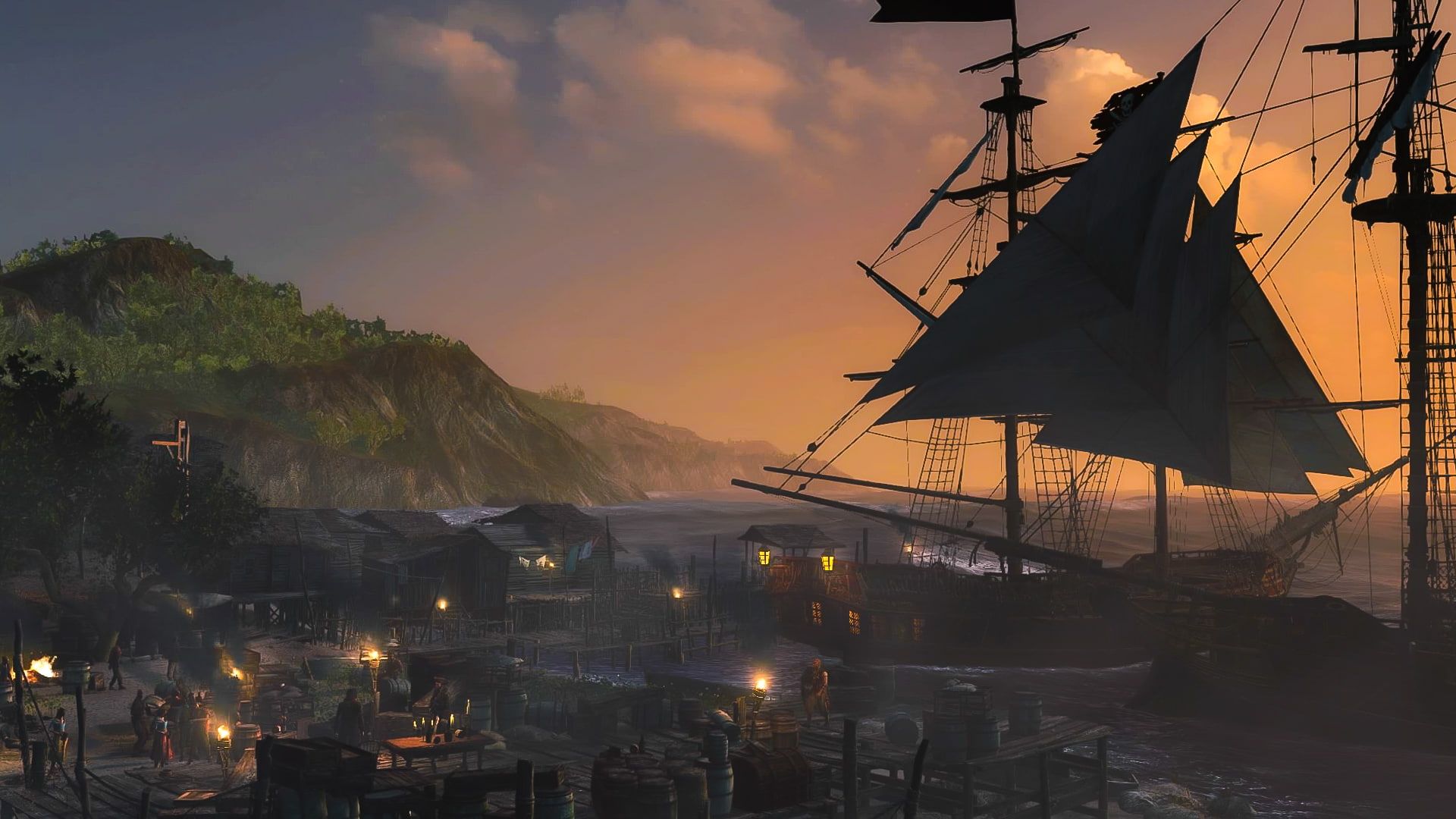 1080P, Ship, Pirate, Harbor, Fantasy, HD Wallpaper