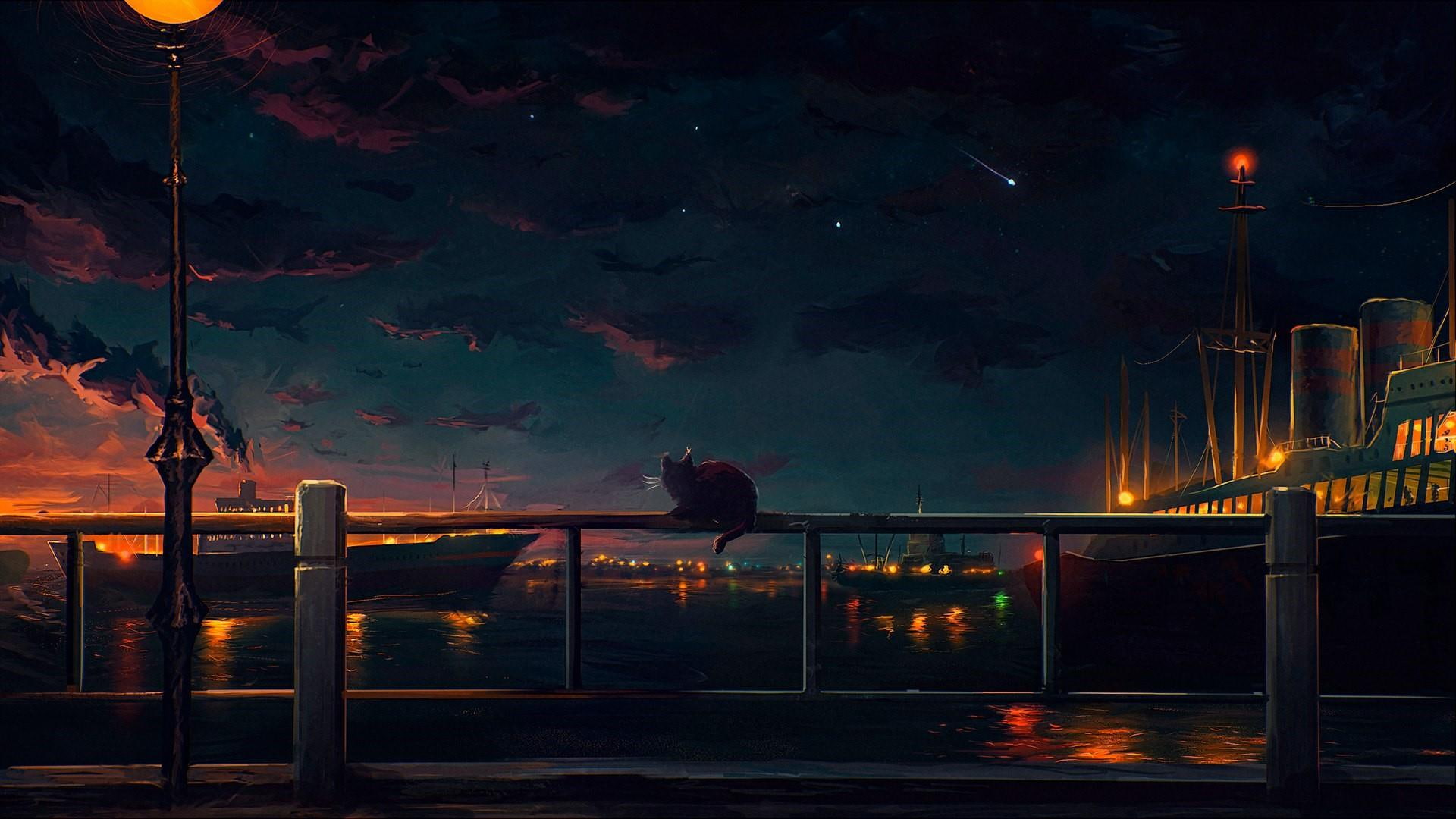anime landscape, cat, sea, night, ship, anime art, harbor, railing, 1080P, HD Wallpaper