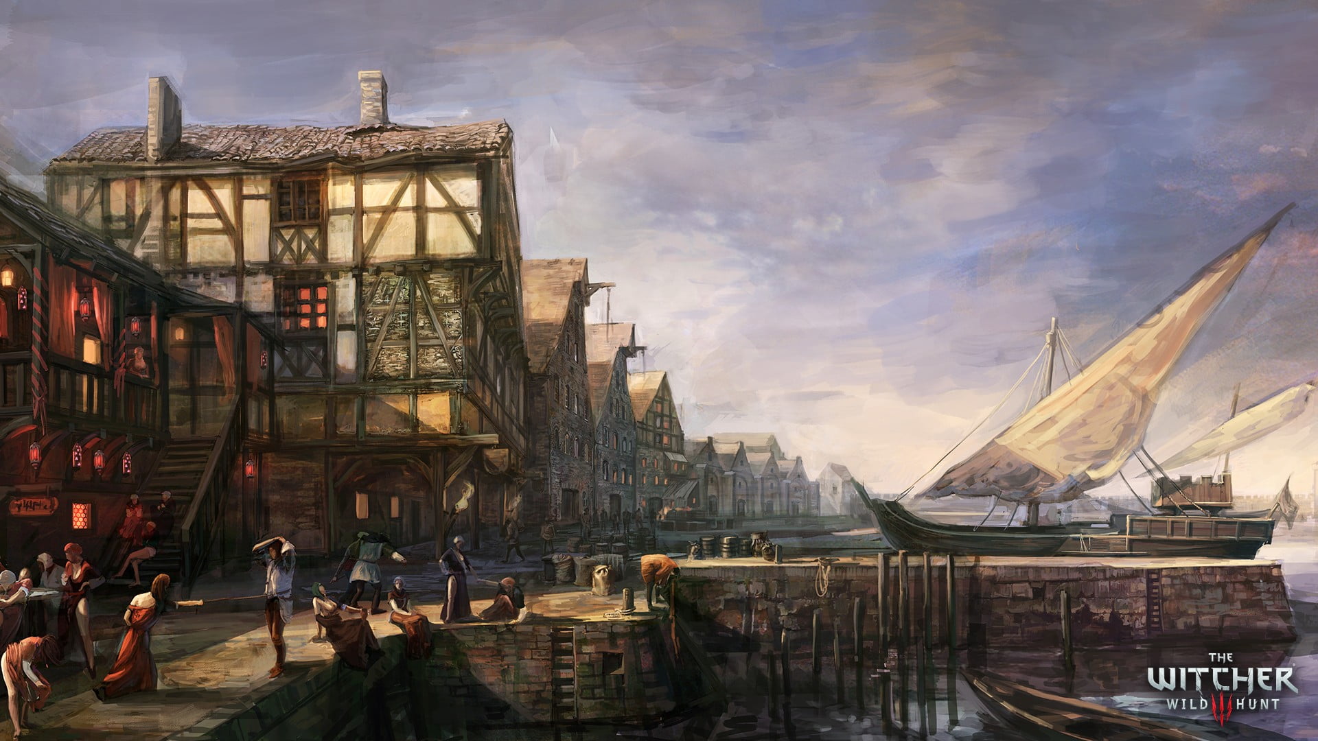 travel, water, group of people, 1080P, building, game, The Witcher 3: Wild Hunt, travel destinations, poster, building exterior, nautical vessel, old, HD Wallpaper