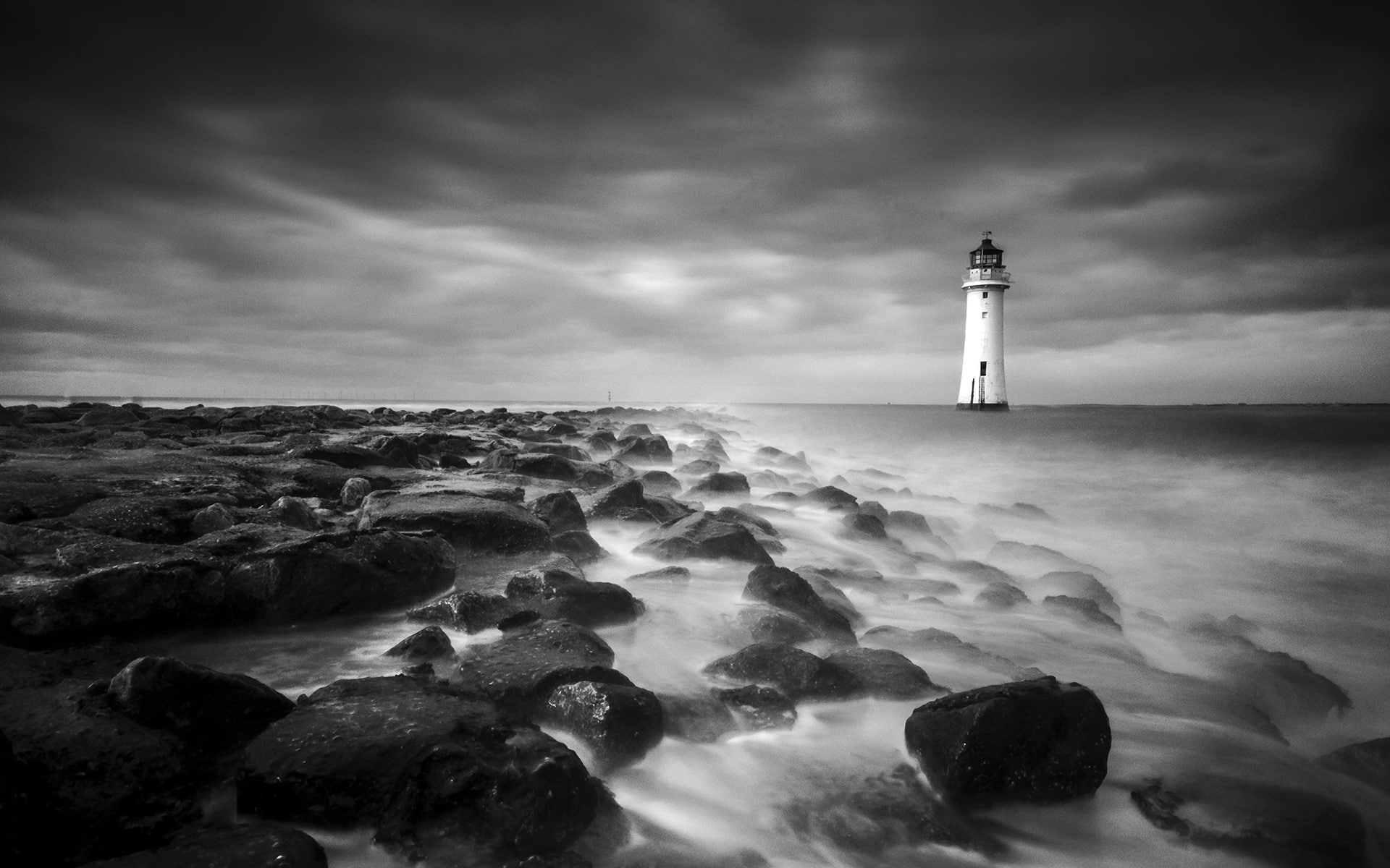 1080P, lighthouse, stones, rocks, bw, hd, nature, ocean, HD Wallpaper