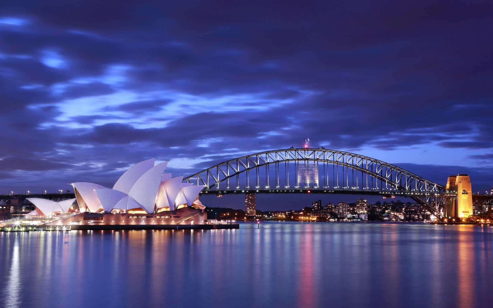 House, Sydney, 1080P, Bridge, Sea, Clouds, Opera, Blue, Lights, Night, Sky, Australia, HD Wallpaper