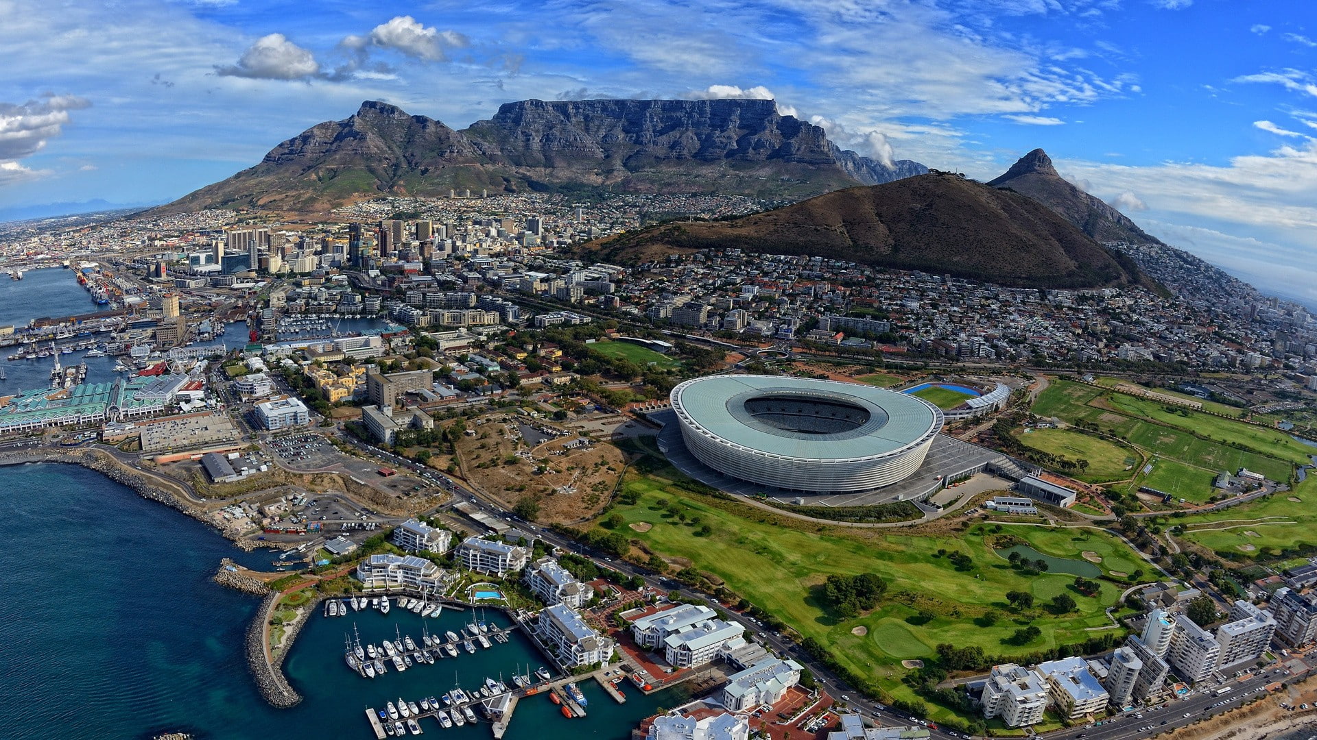 Mother City, landscape, aerial view, harbor, stadium, city, 1080P, Cape Town, cityscape, HD Wallpaper
