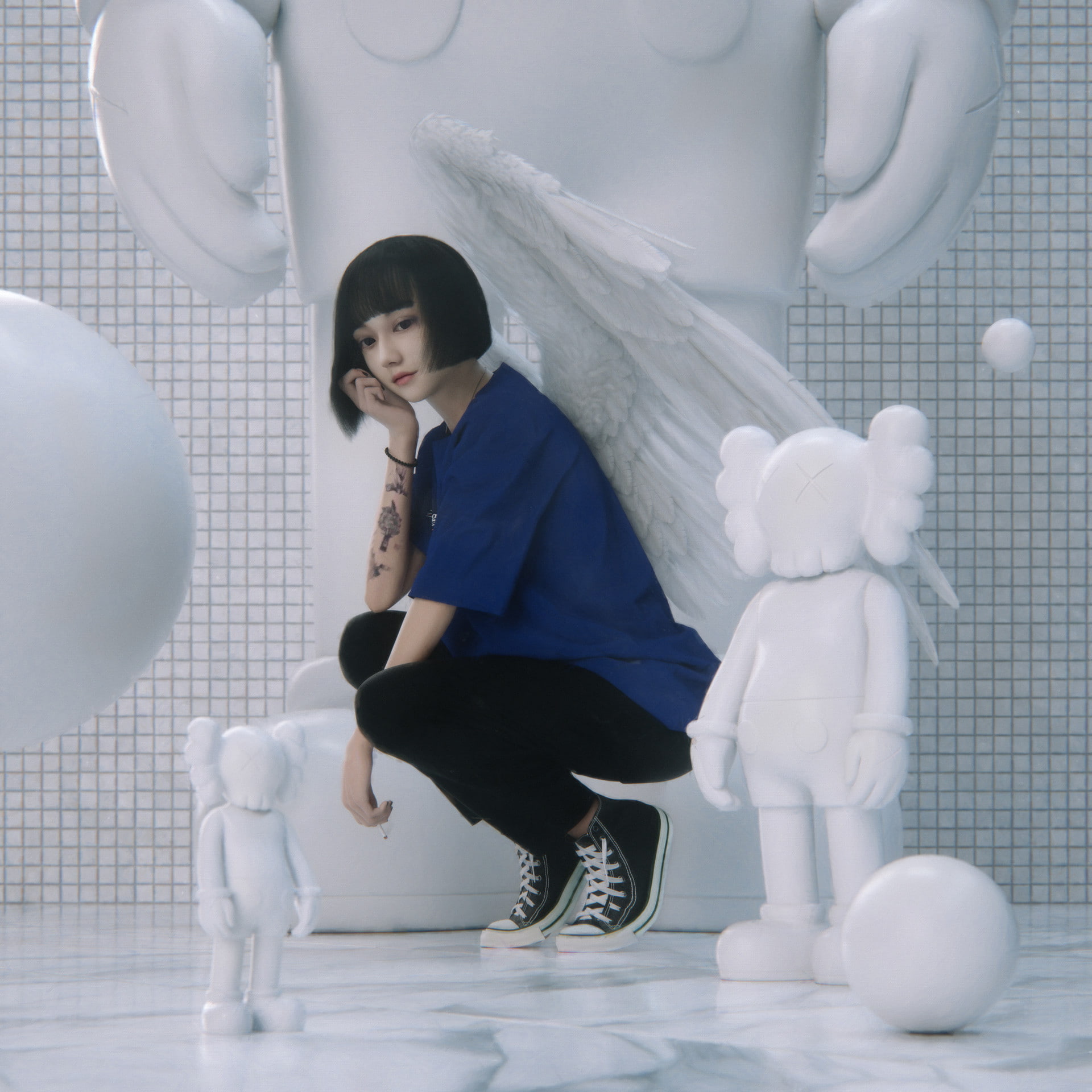 full length, cigarettes, indoors, white color, childhood, 1080P, 3D, wings, real people, leisure activity, representation, lifestyles, concept art, sitting, Phone HD Wallpaper