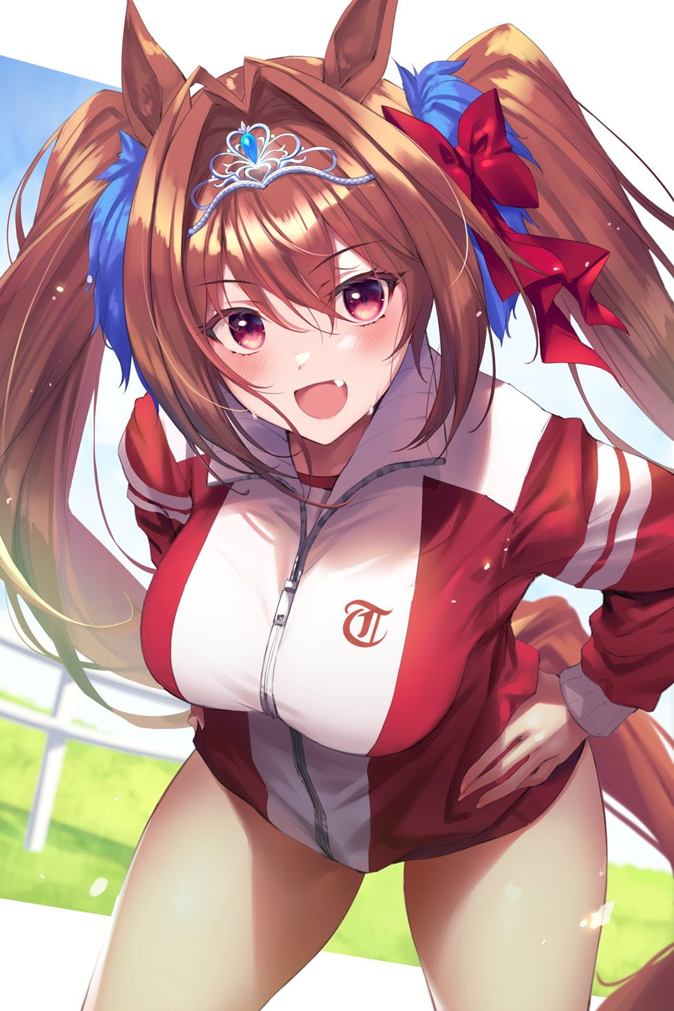 thighs, Uma Musume Pretty Derby, bent over, gym clothes, Fukai Ryousuke, anime girls, Daiwa Scarlet (Uma Musume: Pretty Derby), 720P, smiling, Phone HD Wallpaper