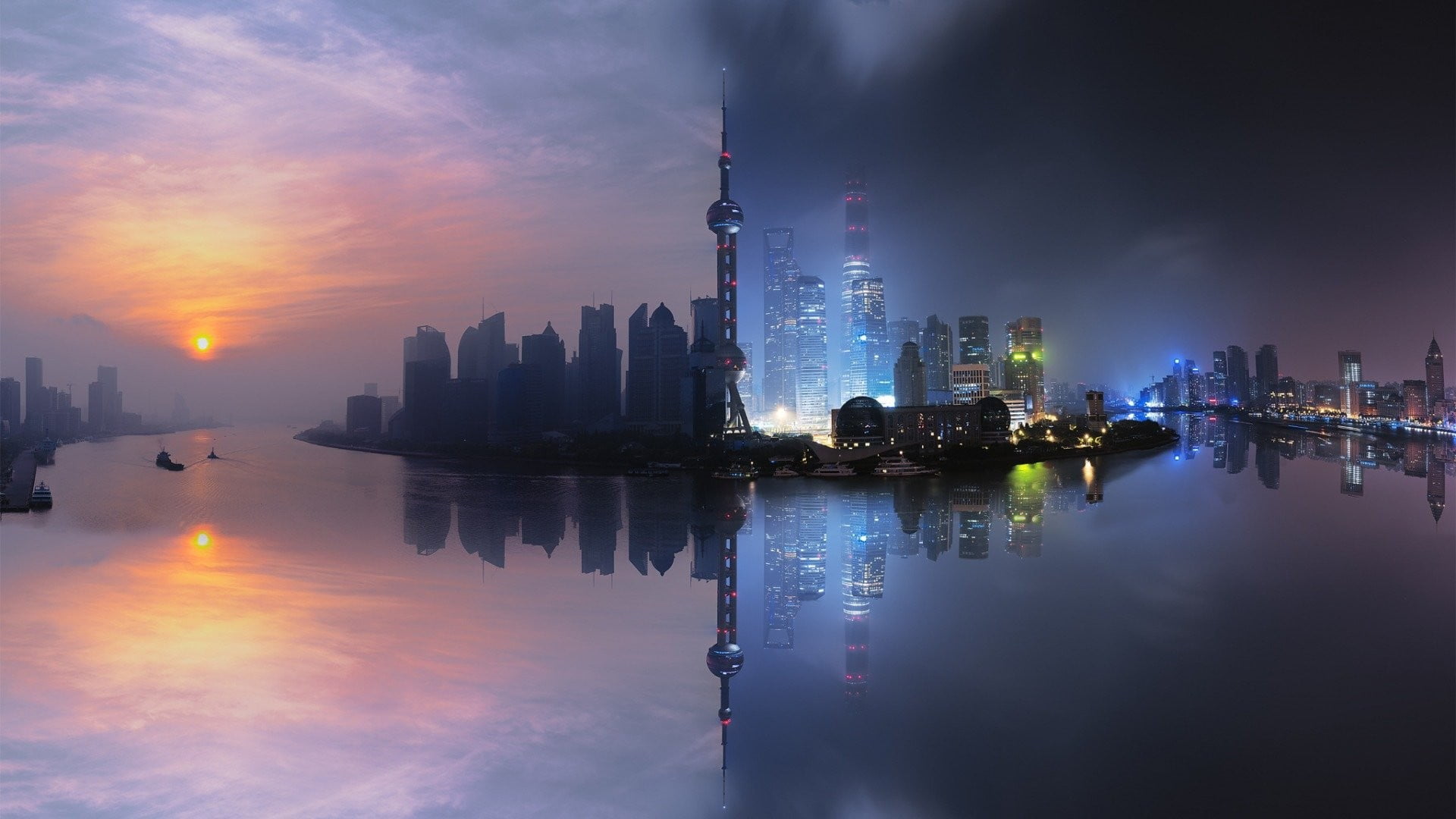tall - high, 1080P, sky, spire, city, cityscape, skyscraper, water, reflection, landscape, skyline, collage, urban skyline, tower, built structure, building, HD Wallpaper