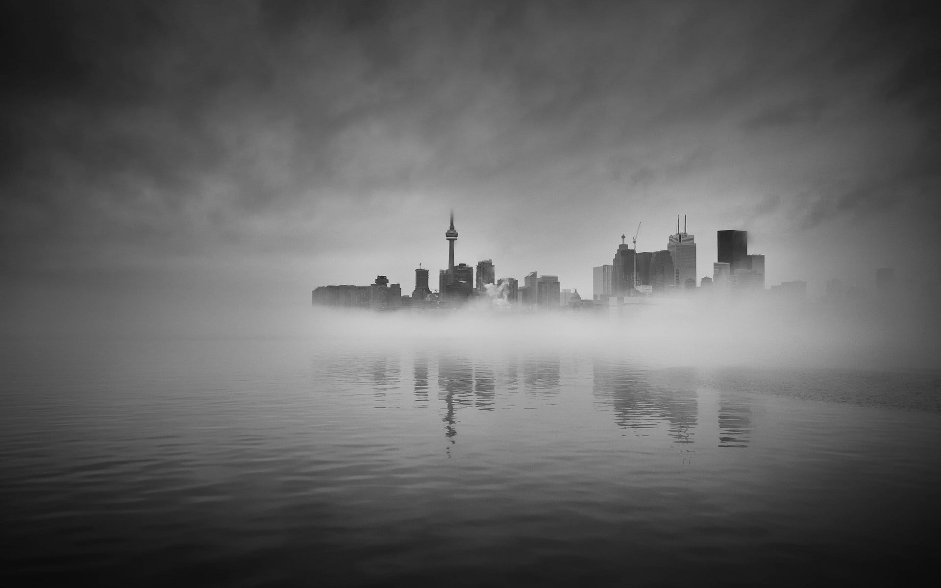 mist, monochrome, skyscraper, shanghai, china, 1080P, sky, architecture, city, nature, building, day, waterfront, grayscale, reflection, water, cityscape, HD Wallpaper
