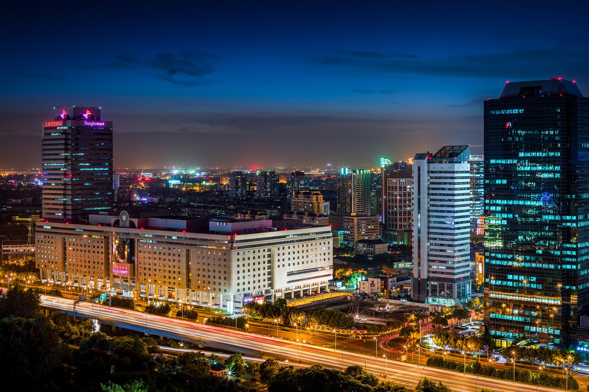 lighting, lights, China, city, Buildings, houses, Asia, 1080P, mart, Shanghai, Night, Shanghai Mart, roads, Skyscrapers, exposure, HD Wallpaper