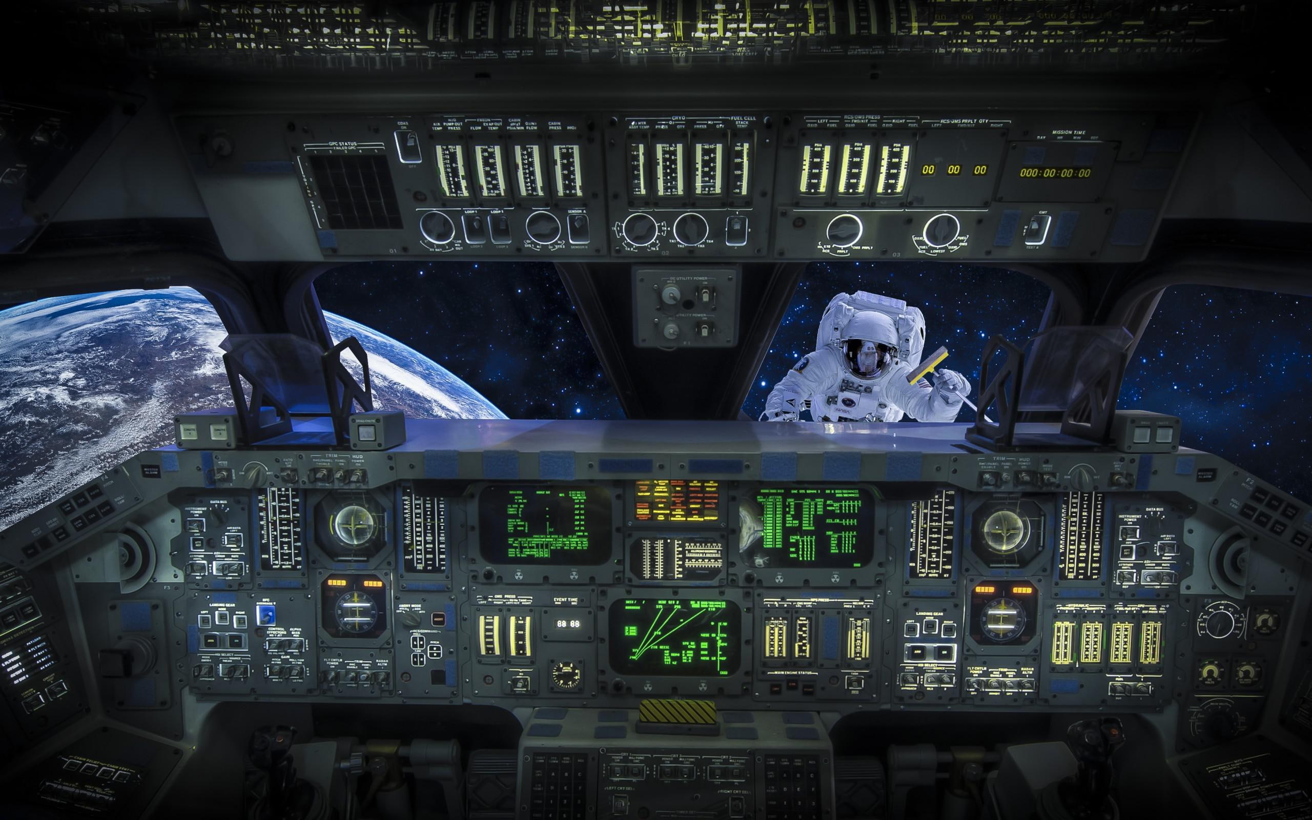 2K, grey, 2560x1600, fantasy, astronaut, earth, spaceship, cockpit, controllers, black, HD Wallpaper