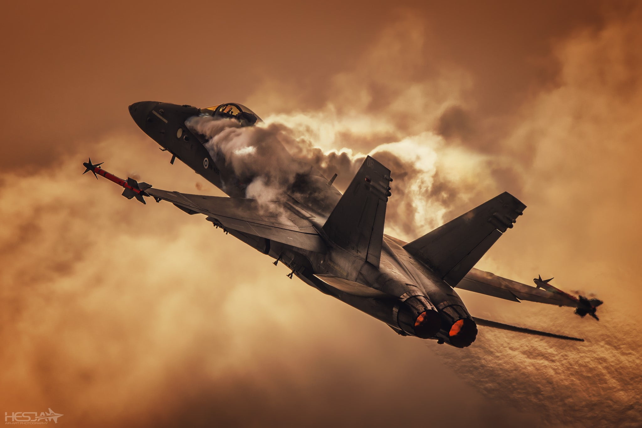 Fighter, HESJA Air-Art Photography, Sunset, F/A-18 Hornet, The Effect Of Prandtl — Glauert, The Finnish air force, 1080P, HD Wallpaper