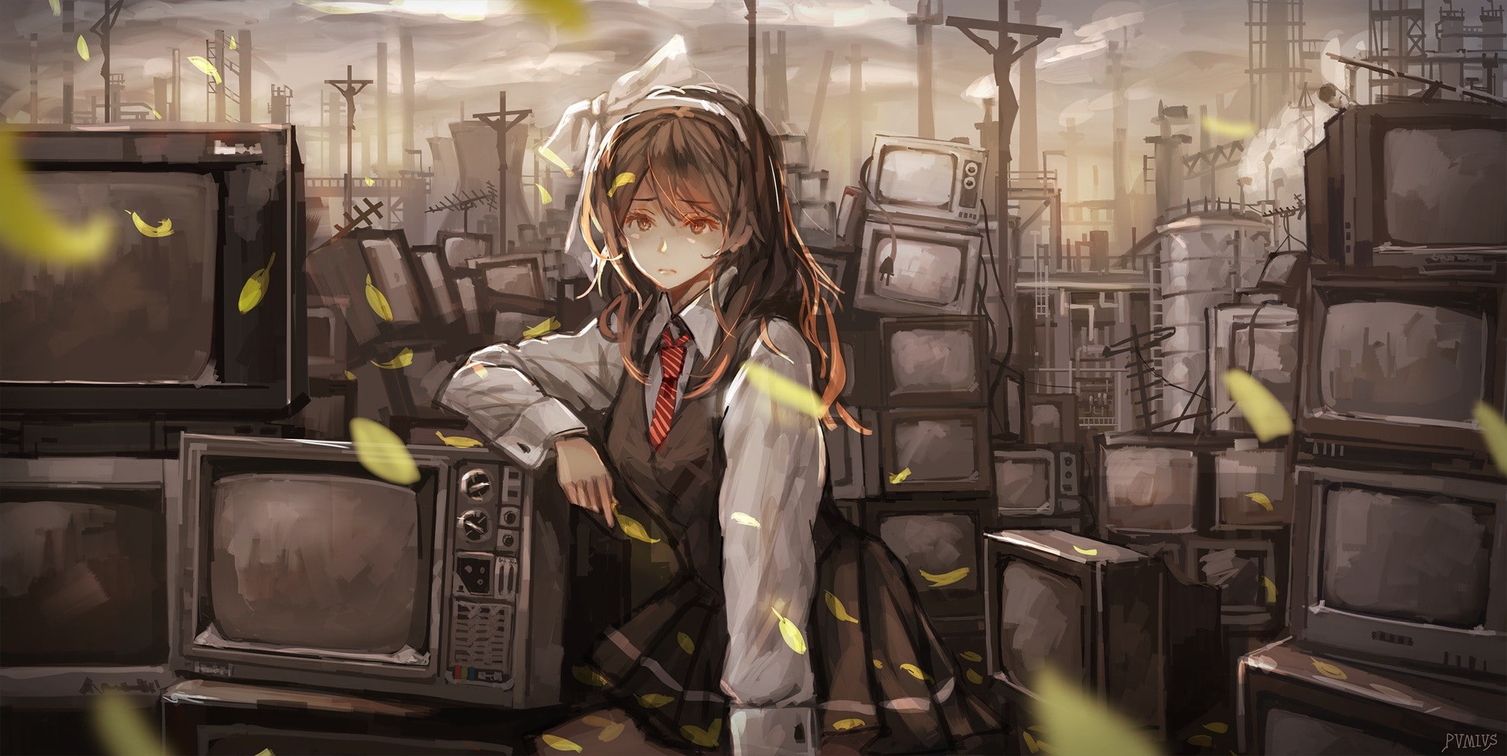 long hair, brown eyes, brunette, anime girls, anime, 1080P, skirt, HD Wallpaper