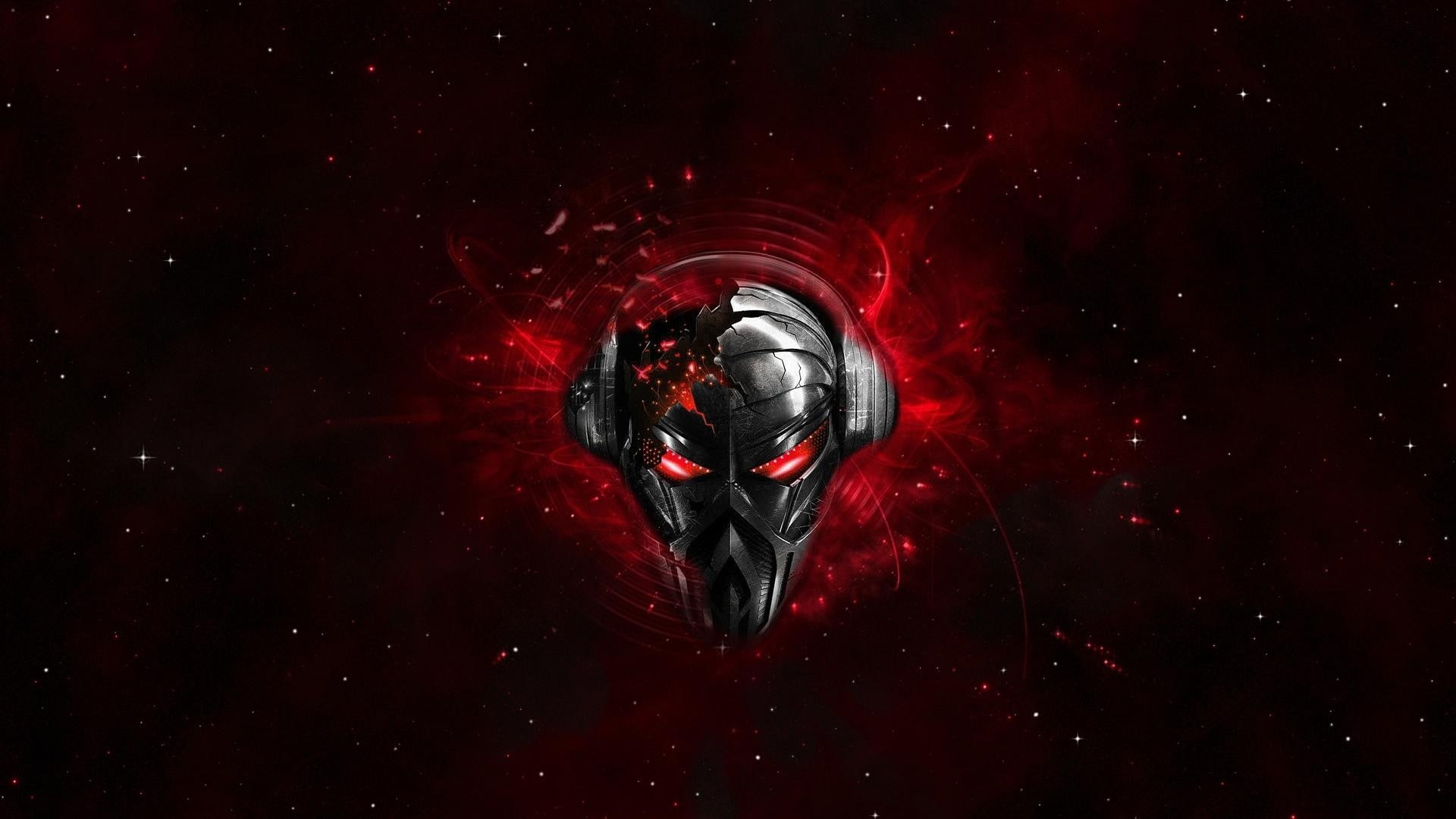 astronomy, black background, Space, no people, 1080P, red, close-up, Skull, galaxy, nature, Headphones, night, Pirate station, single object, indoors, HD Wallpaper