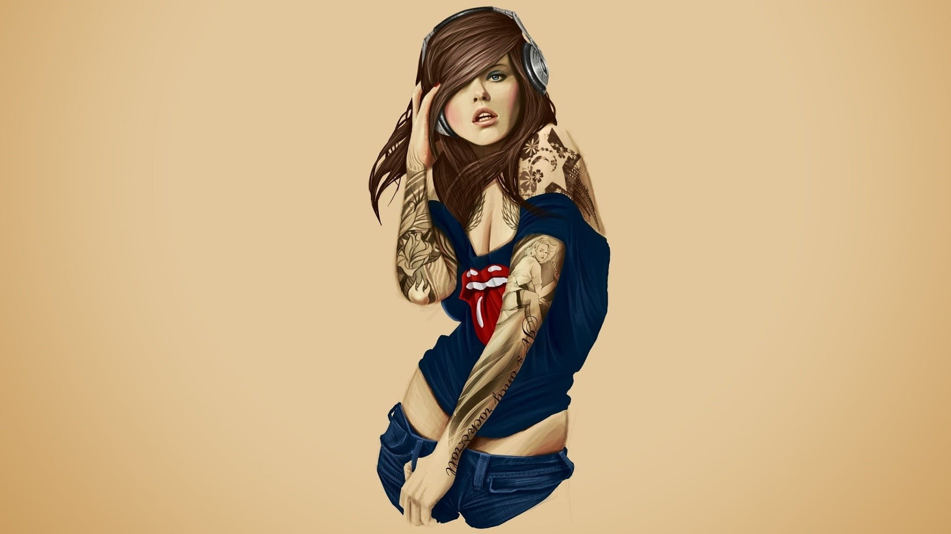 copy space, headphones, tattoo, woman, hairstyle, standing, looking at camera, smiling, beige background, young adult, Rolling Stones, portrait, top, hair, HD Wallpaper