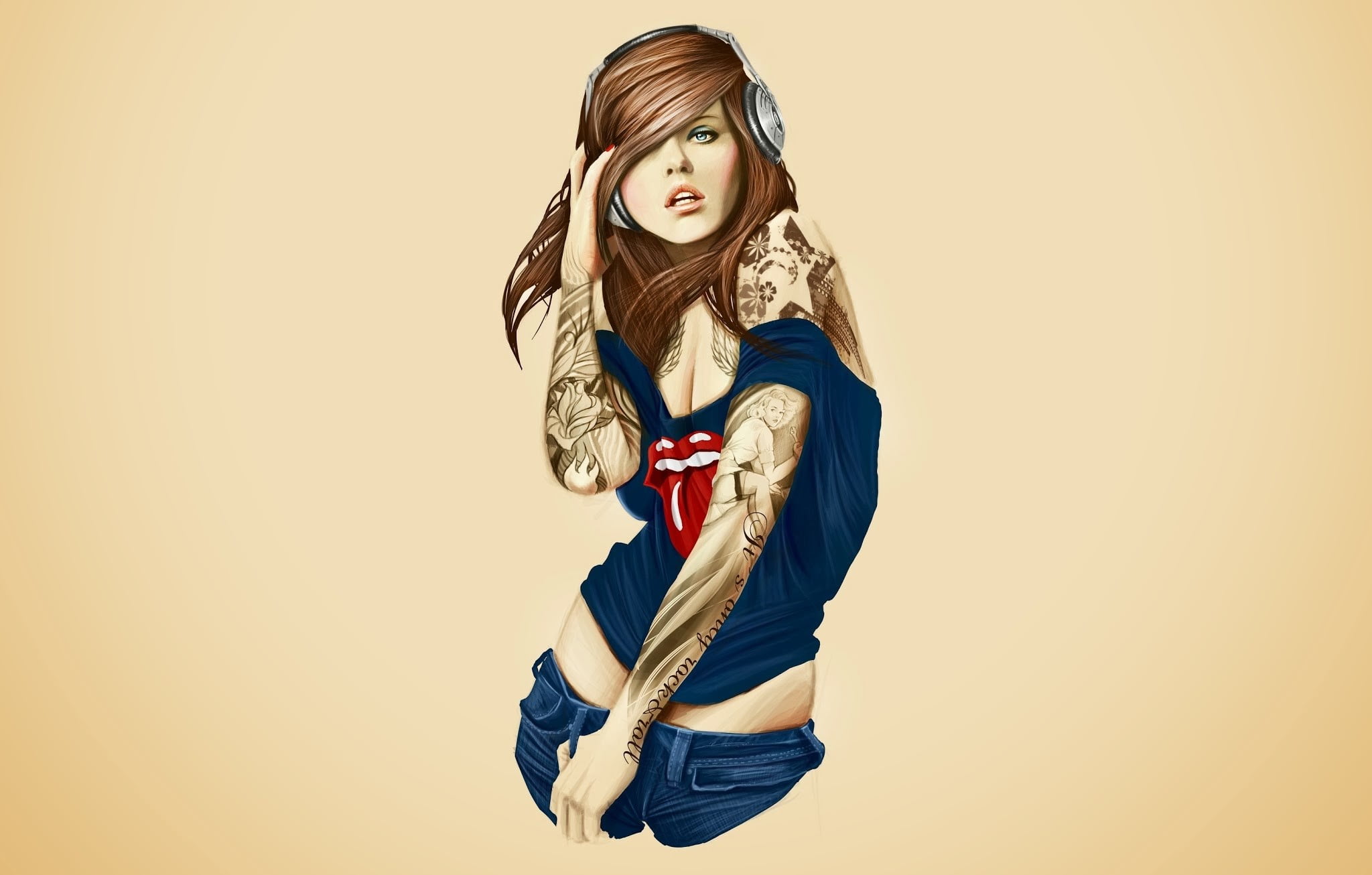 sleeveless, long hair, headphones, holding, beige background, young women, The Rolling Stones, simple background, indoors, casual clothing, tattoo, 1080P, HD Wallpaper