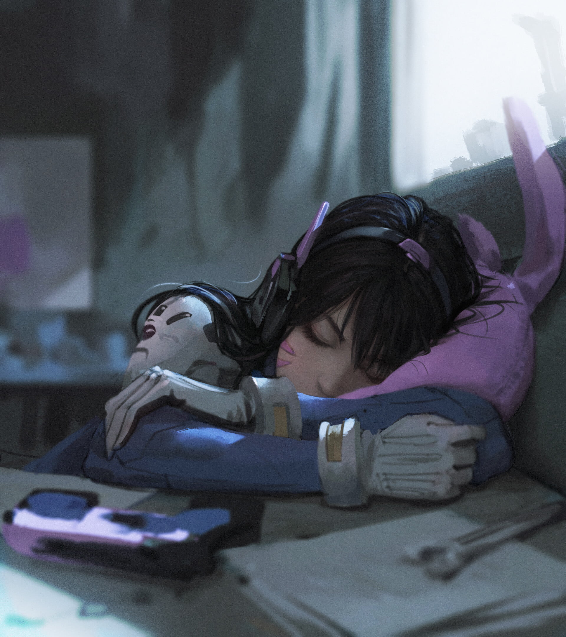 D.Va (Overwatch), Overwatch, women, video game girls, Rui Li, sleeping, Blizzard Entertainment, video games, 1080P, brunette, long hair, Phone HD Wallpaper