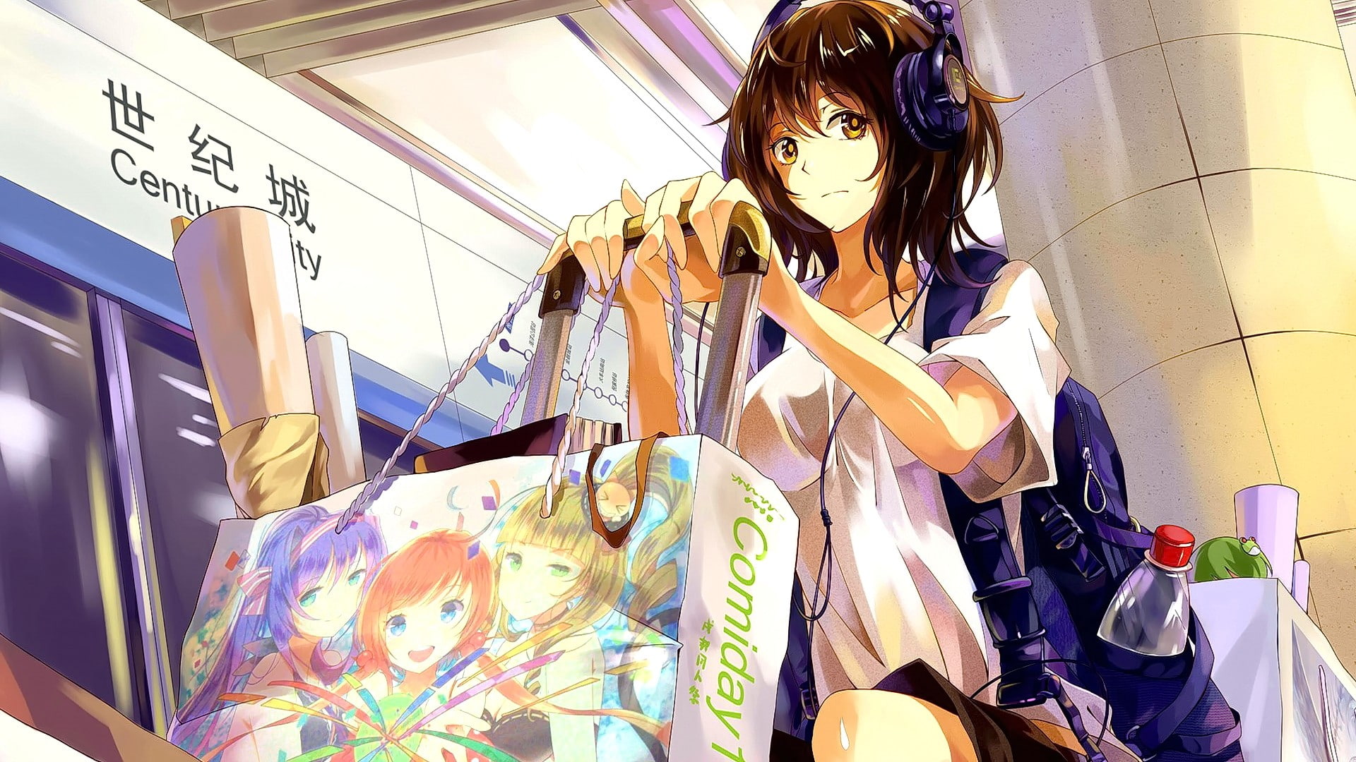anime girls, looking at viewer, 1080P, brunette, anime, short hair, headsets, HD Wallpaper