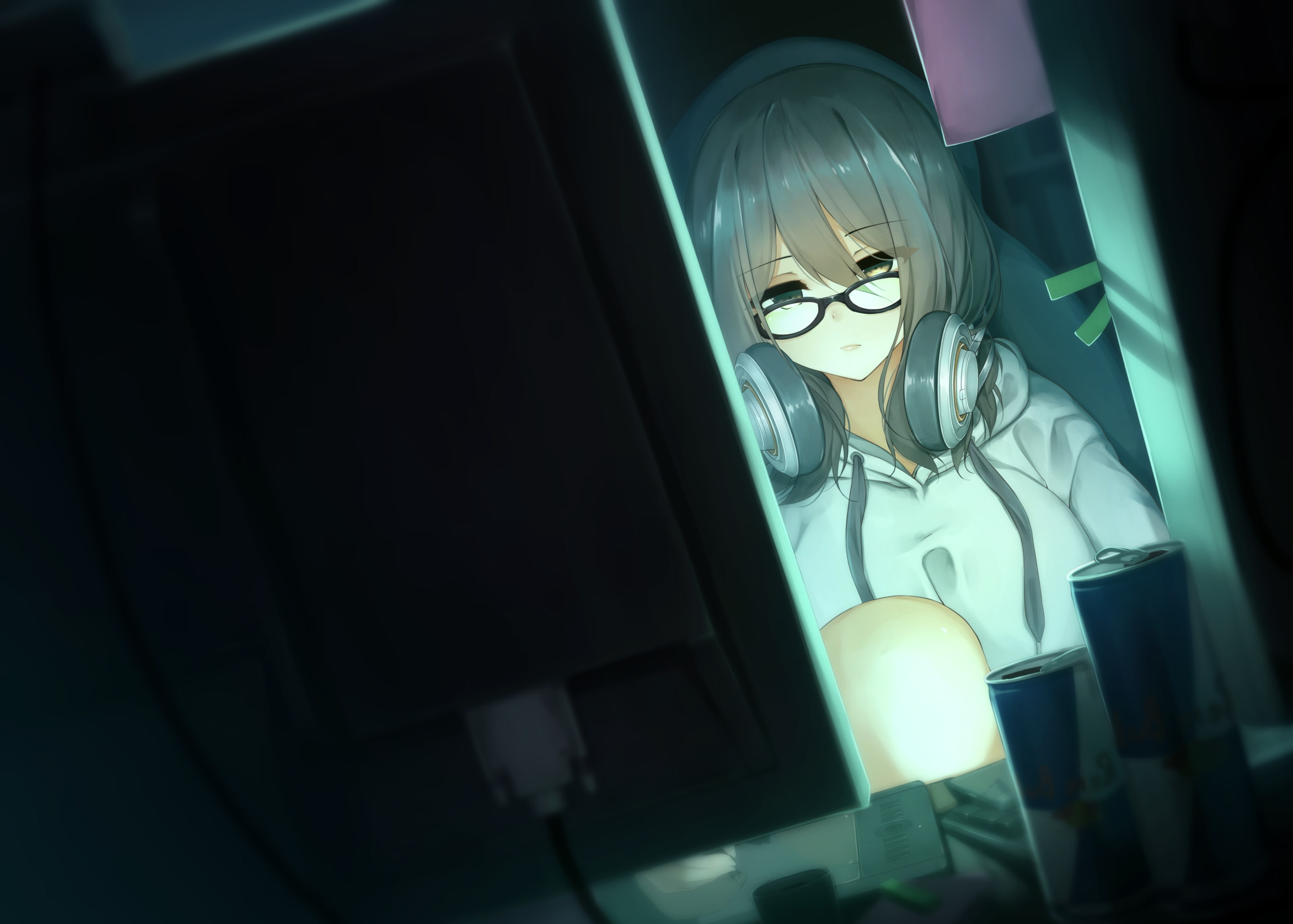 low angle view, night, close-up, anime girl, computer, lighting equipment, electricity, headset, electric light, dark, darkroom, design, brown hair, hanging, HD Wallpaper