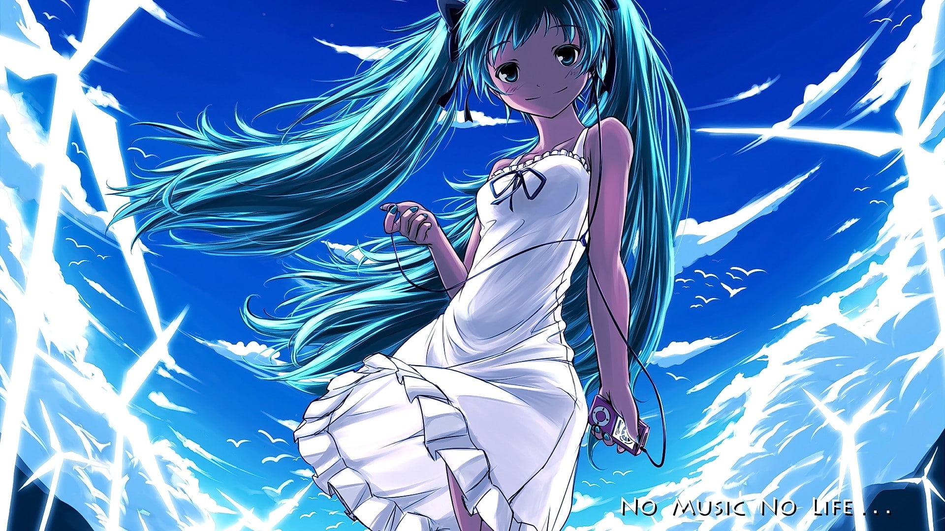 women, motion, outdoors, sunlight, 1080P, sky, representation, music, looking at viewer, hairstyle, aqua hair, headsets, clear sky, smiling, anime girls, HD Wallpaper