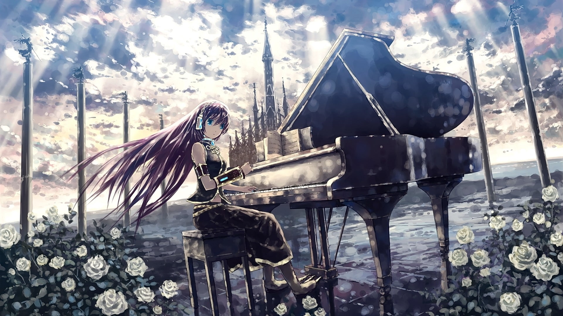 flowers, 1080P, Vocaloid, clouds, piano, sky, looking at viewer, anime, Megurine Luka, anime girls, long hair, headsets, blue eyes, HD Wallpaper