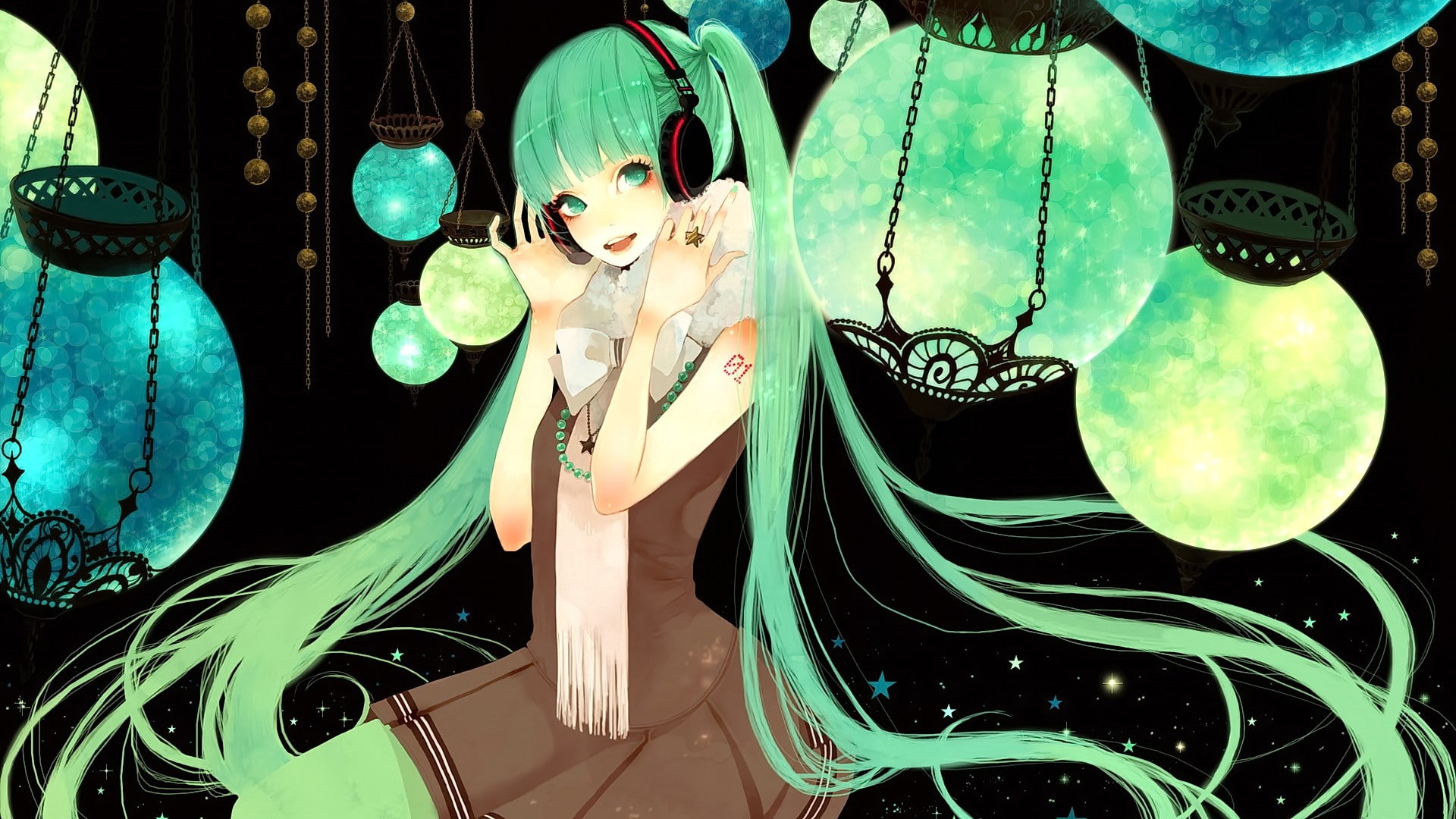 green eyes, green hair, women, young women, real people, headsets, anime girls, clothing, long hair, illuminated, hairstyle, looking at viewer, one person, HD Wallpaper