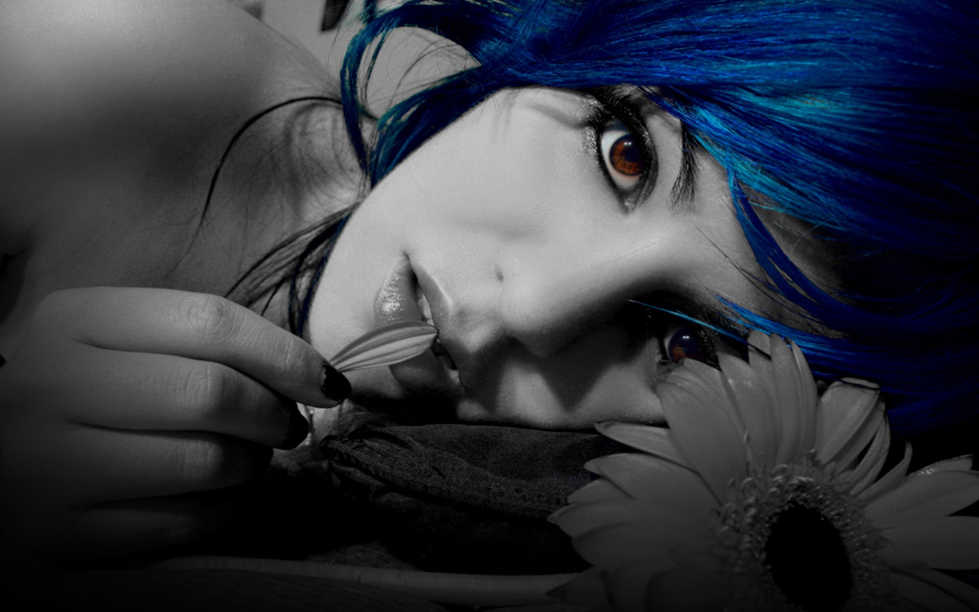 feather, dark, human face, dyed hair, adult, stage make-up, human hair, blue hair, face, model, hair, black background, wig, females, 1080P, digital art, HD Wallpaper