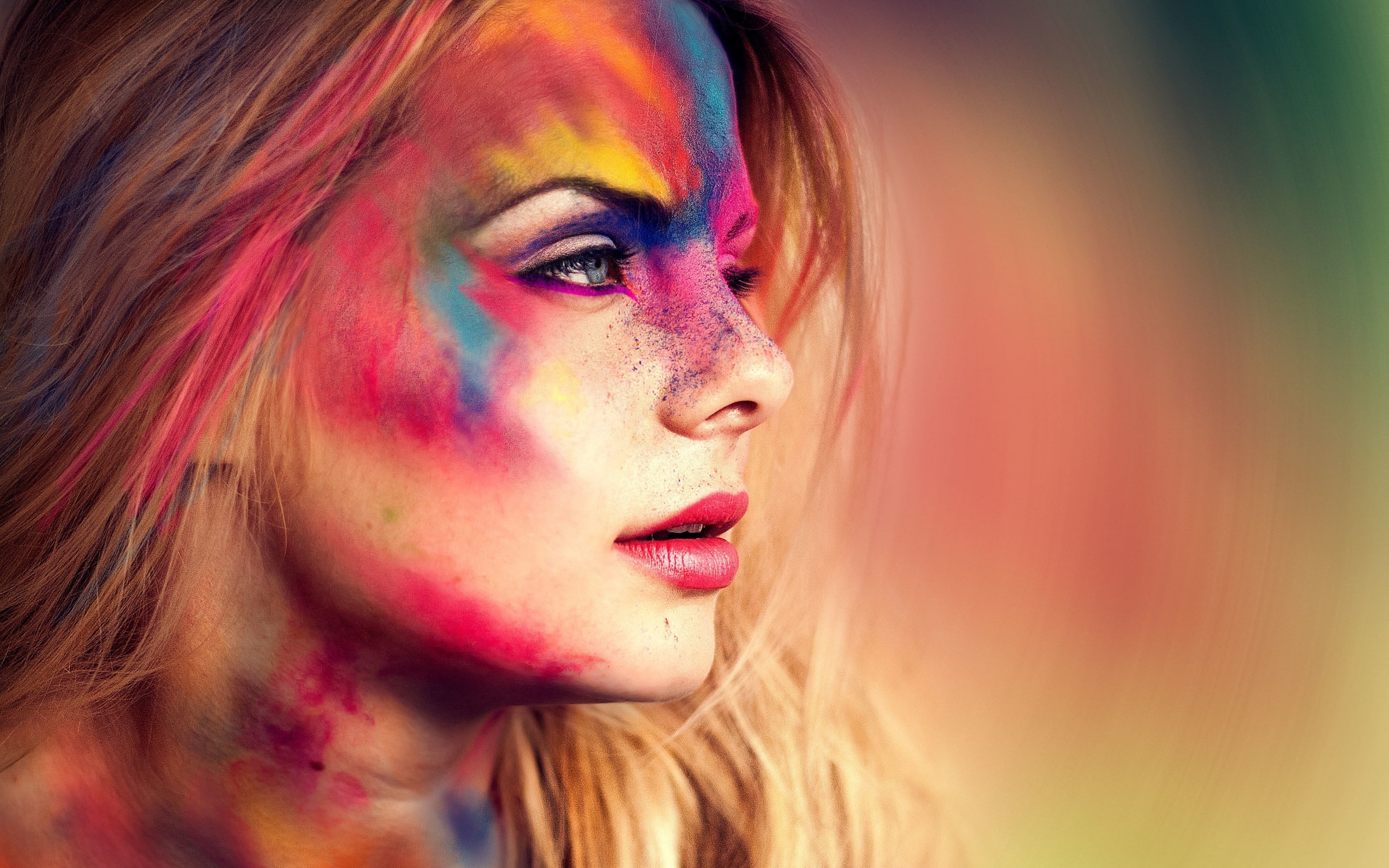 body paint, profile, women, face, face paint, model, 2K, colorful, blonde, HD Wallpaper