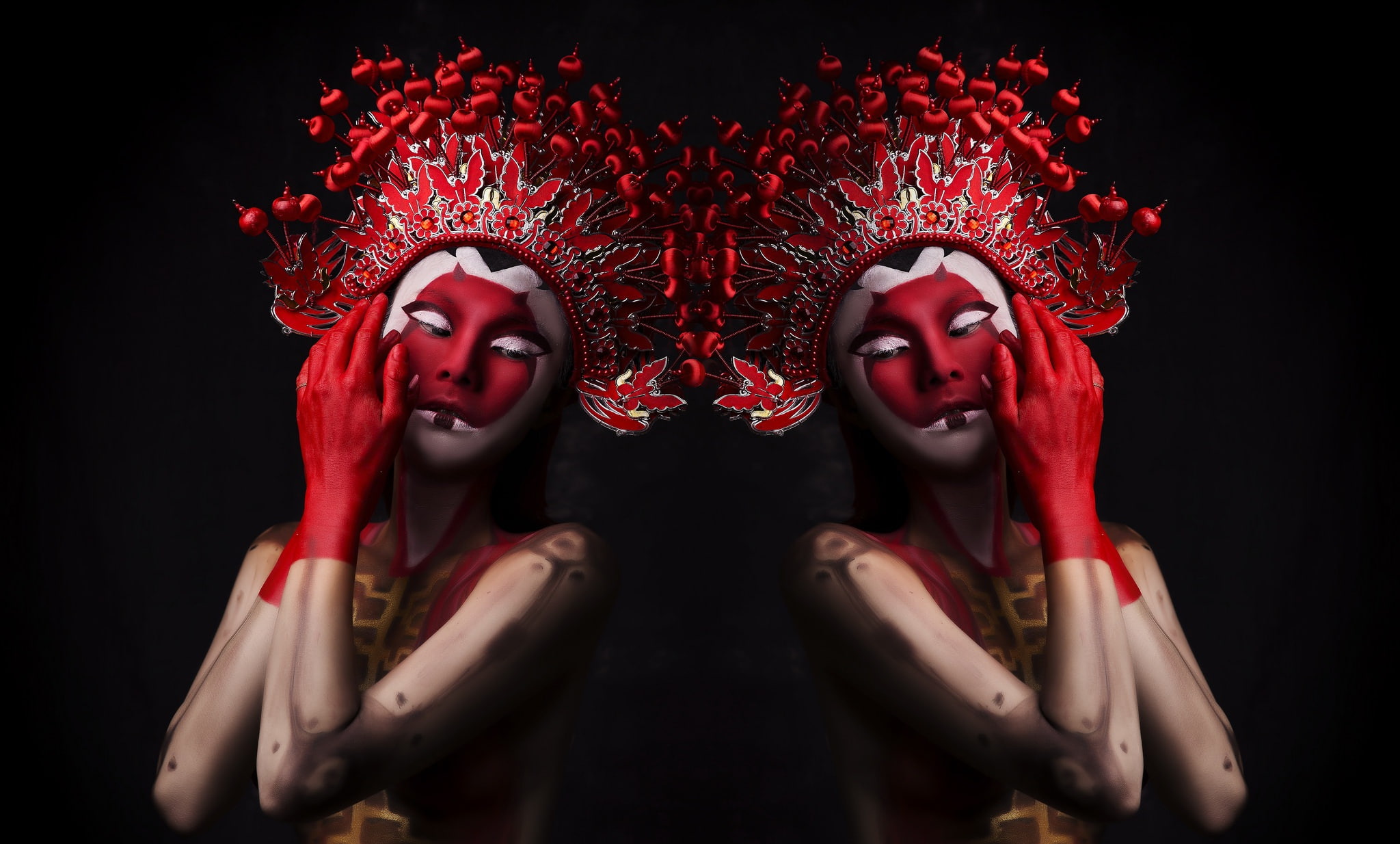 human face, beauty, hand, people, looking at camera, females, human hand, black background, young women, indoors, mask, women, red, human arm, fashion, HD Wallpaper
