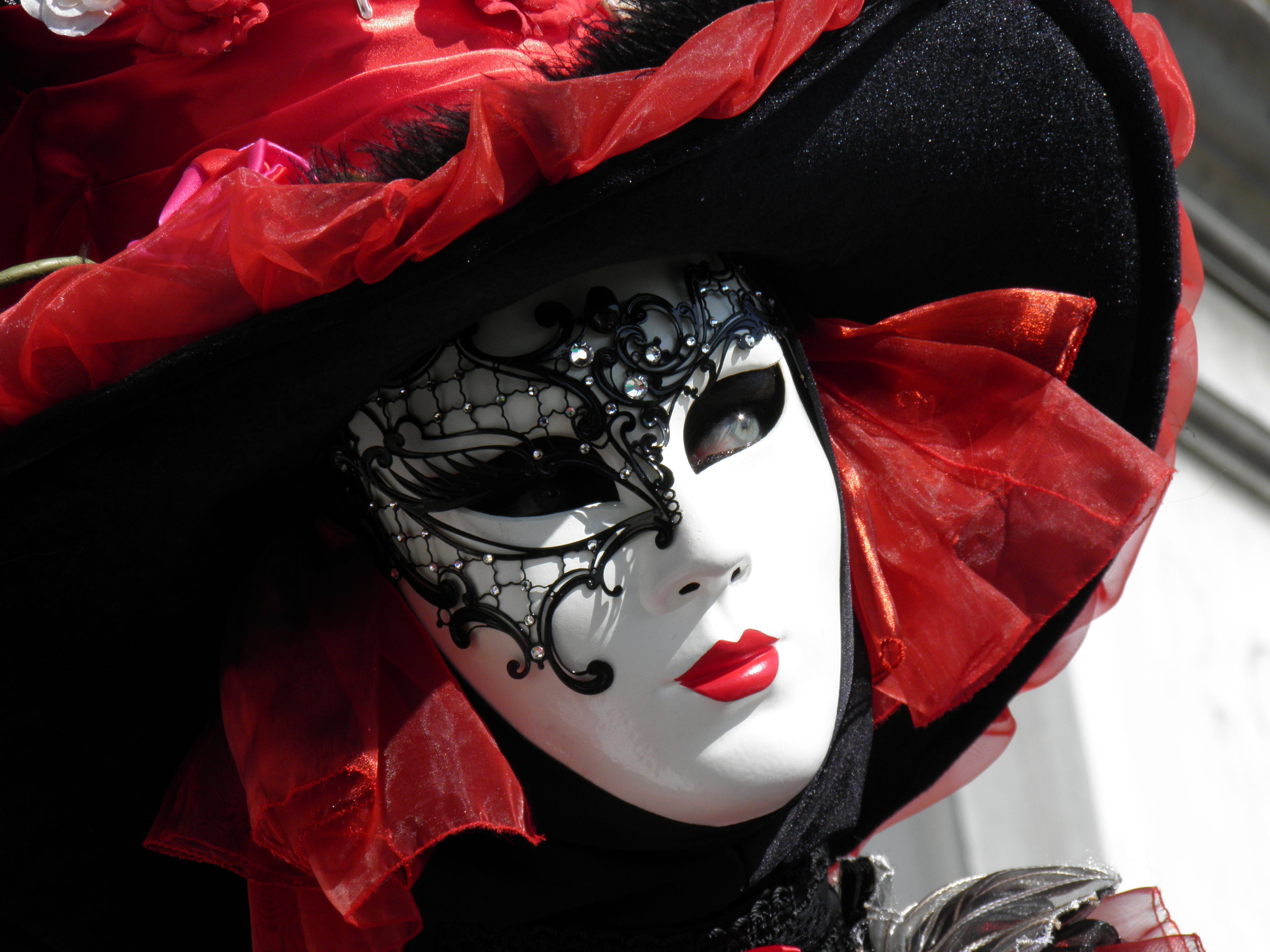spooky, carnival - celebration event, disguise, woman, venetian mask, festival, wearing, 4K, costume, white, arts culture and entertainment, red, fear, HD Wallpaper