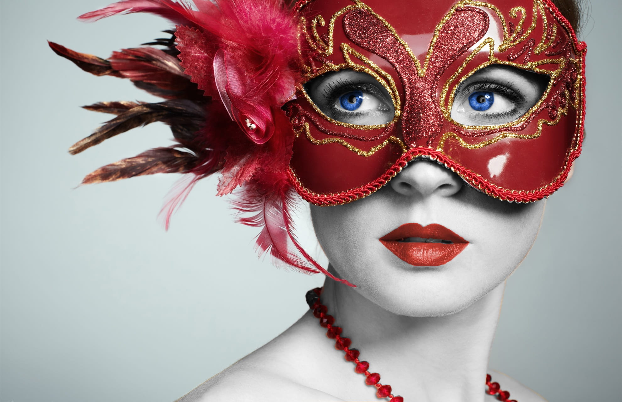 white background, wearing, beautiful woman, indoors, costume, face, looking at camera, portrait, venetian, women, 1080P, studio shot, young adult, mystery, HD Wallpaper