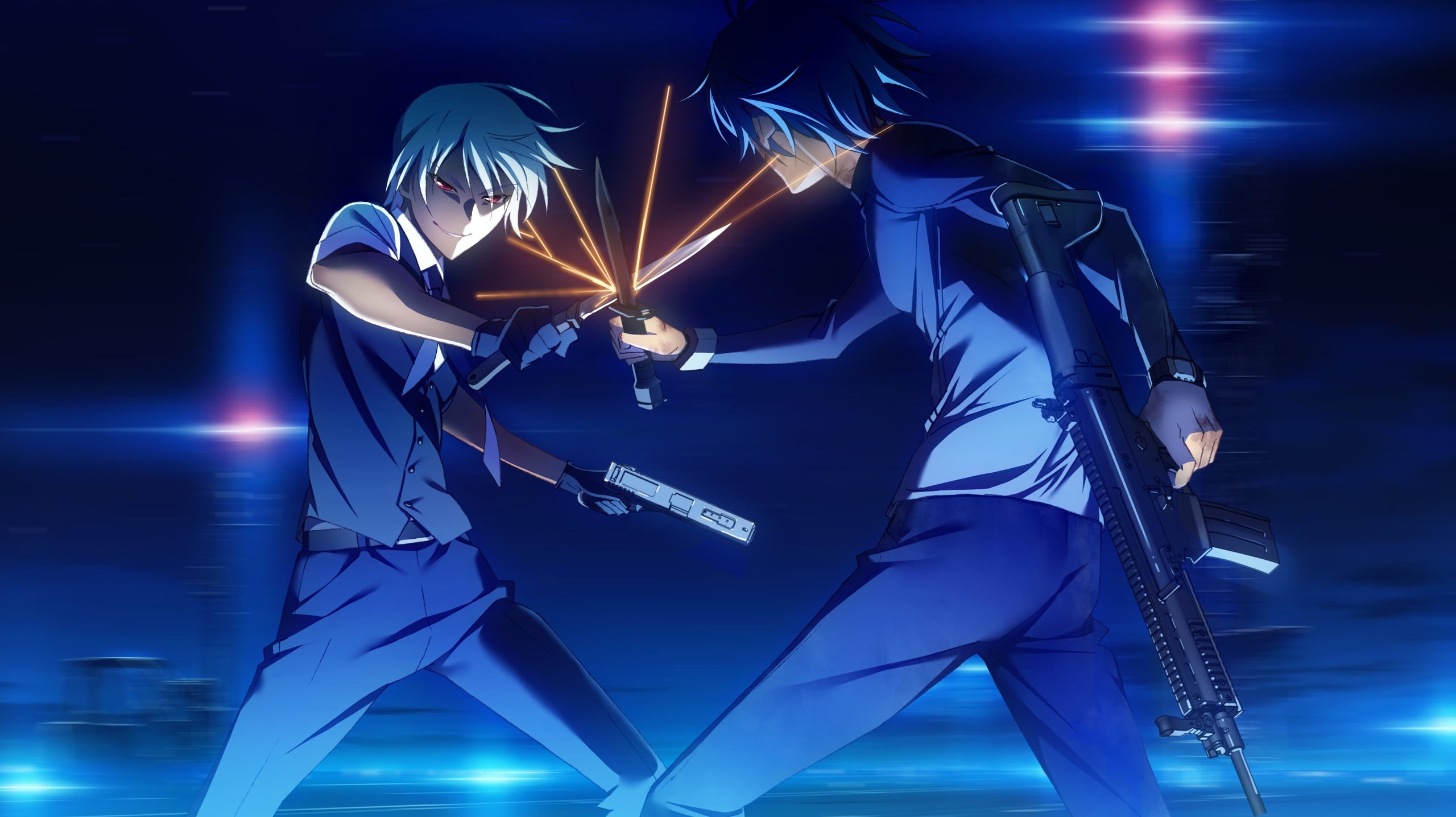 performance, males, skill, adult, vitality, business person, night, holding, standing, blue, anime boys, anime, occupation, well-dressed, business, blue background, HD Wallpaper