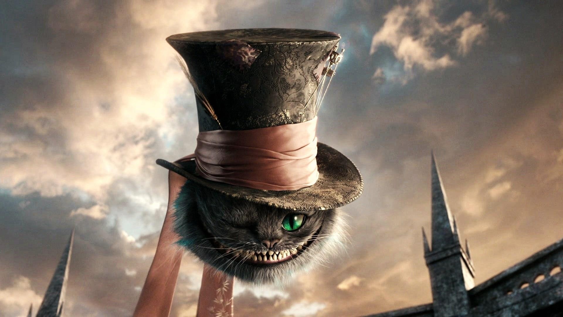 black, gray, alice, hat, cat, 1080P, movies, wonderland, HD Wallpaper