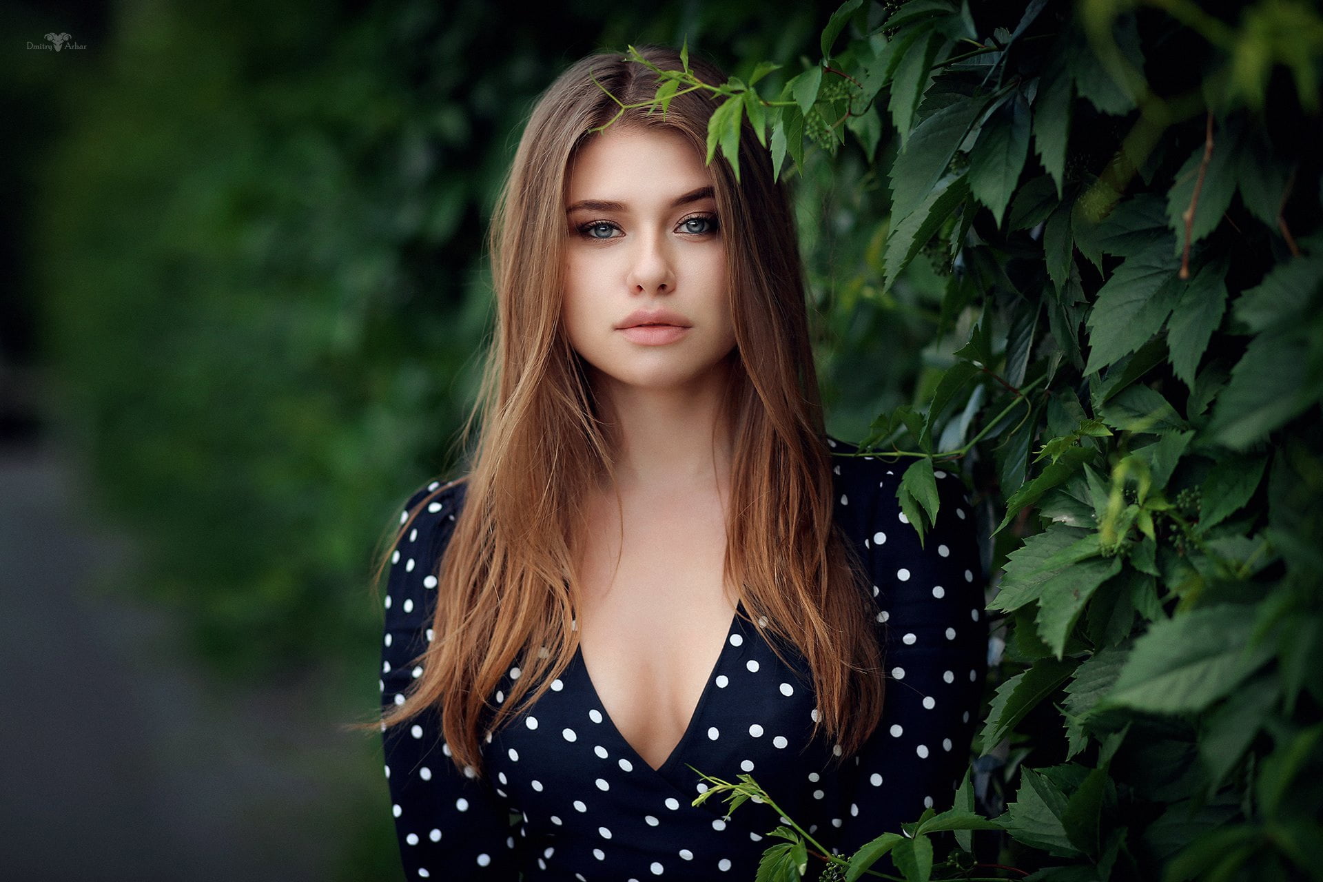 plant part, outdoors, long, girl, shirt, dot, leaves, women, sleeved, contemplation, hair, front view, one person, green color, leaf, white, looking at camera, HD Wallpaper