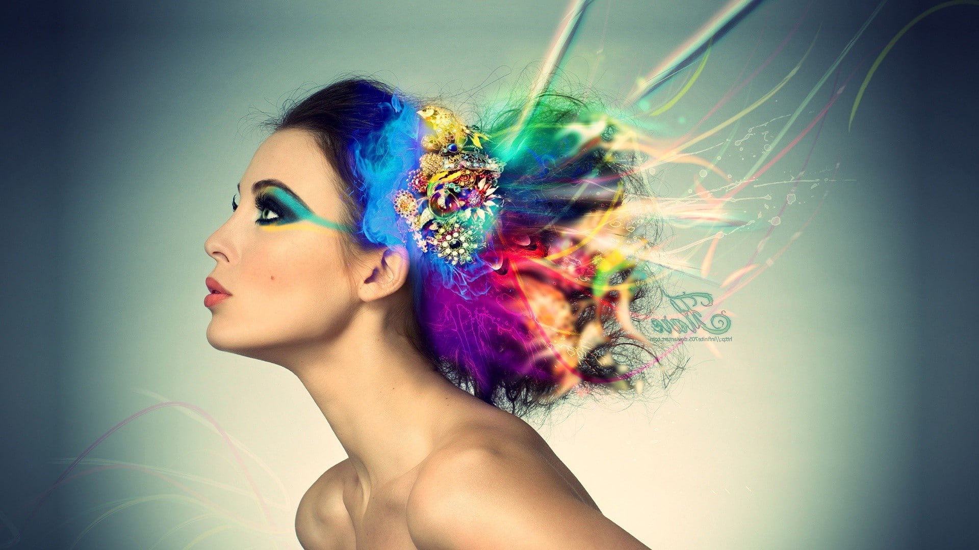 futuristic, young adult, women, beautiful woman, multi colored, 1080P, studio shot, one person, motion, portrait, colored background, profile view, model brunette dyed hair digital art makeup deviantart colorful, HD Wallpaper