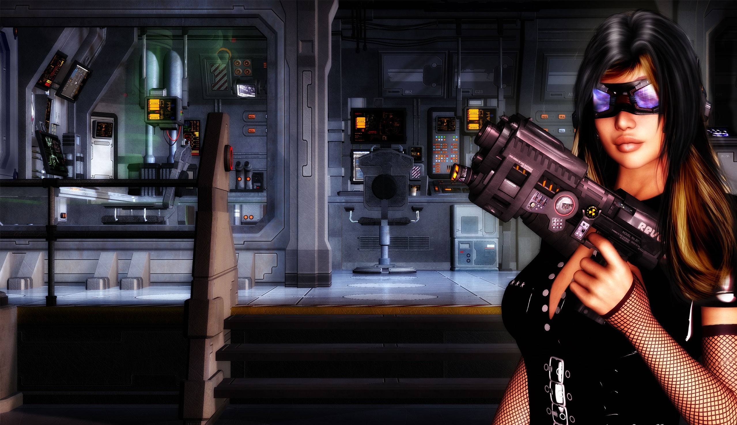 cool, 1080P, weapon, woman, cyberpunk, futuristic, HD Wallpaper