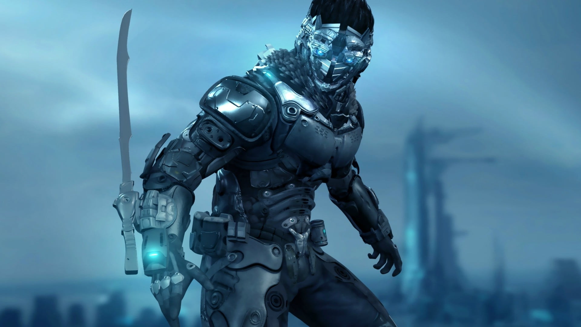 nature, mask, uniform, futuristic, technology, toy, military, movie, plastic, cyberpunk, warrior, blue, focus on foreground, sword, sky, close-up, government, HD Wallpaper