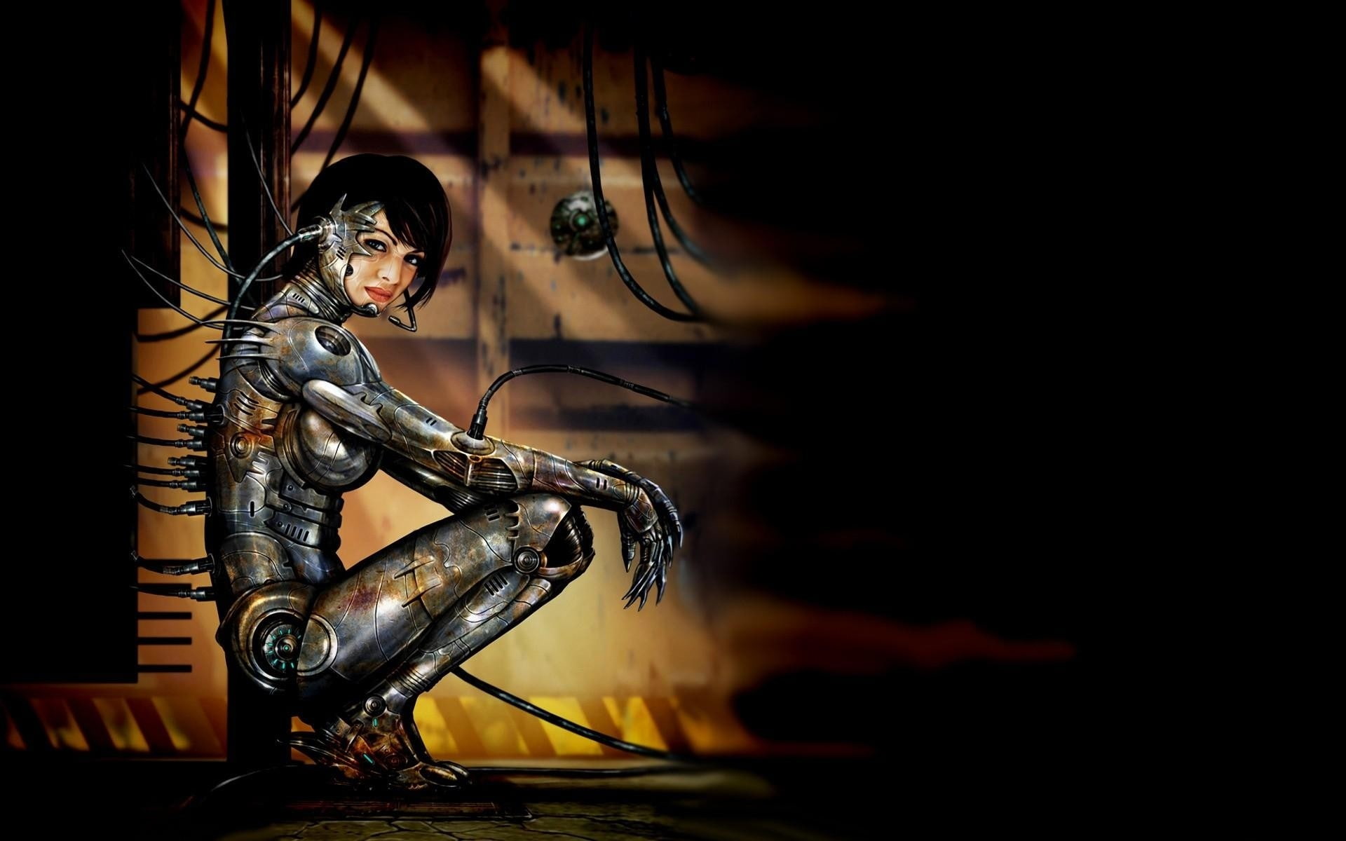 armor, woman, wires, 1080P, cyberpunk, futuristic, HD Wallpaper