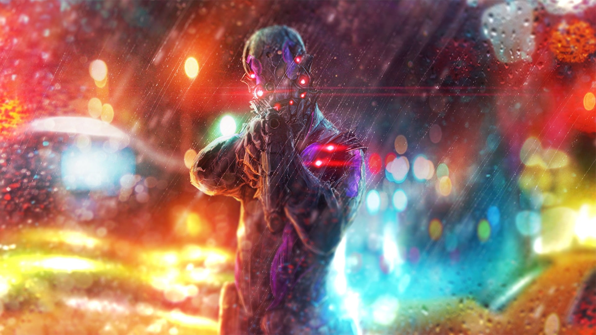 cyberpunk, rain, technology, one person, gun, multi colored, 1080P, fun, light - natural phenomenon, adult, colorful, teenager, outdoors, light, top, leisure activity, HD Wallpaper