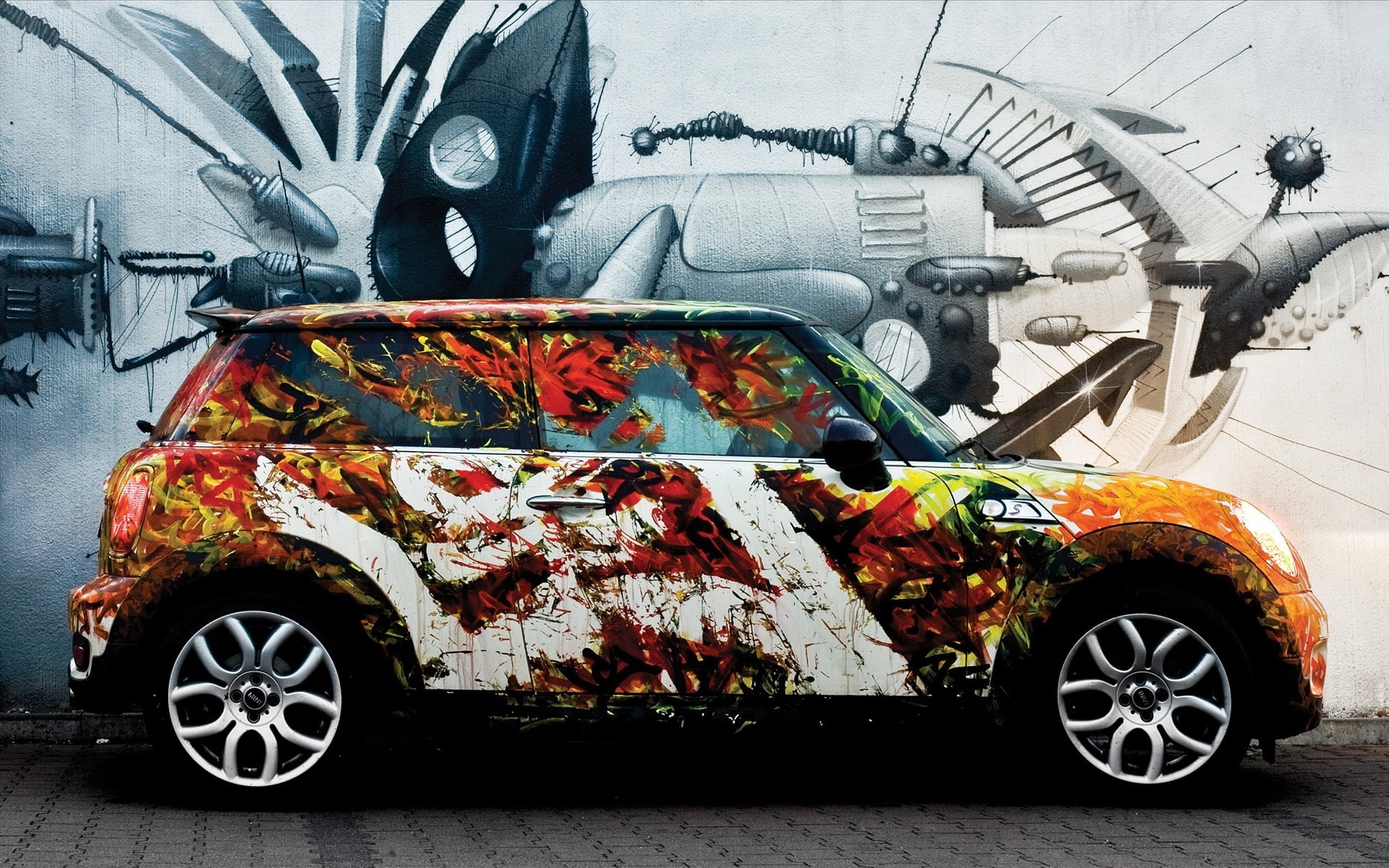 motor vehicle, damaged, outdoors, truck, graffiti, day, street, Mini Cooper, road, 1080P, art and craft, wheel, nature, vehicle, land vehicle, travel, HD Wallpaper
