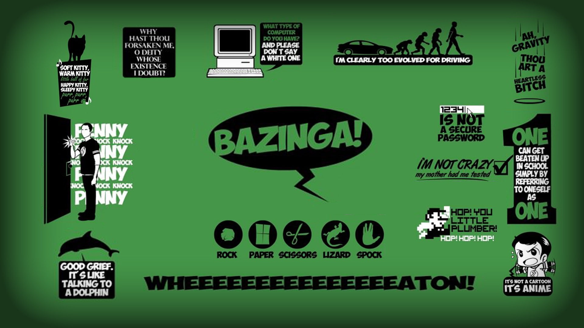 1080P, sheldon, big, theory, green, background, quotes, koothrappali, howard, rajesh, minimalistic, bazinga, ramayan, leonard, cooper, hofstadter, wolowitz, HD Wallpaper