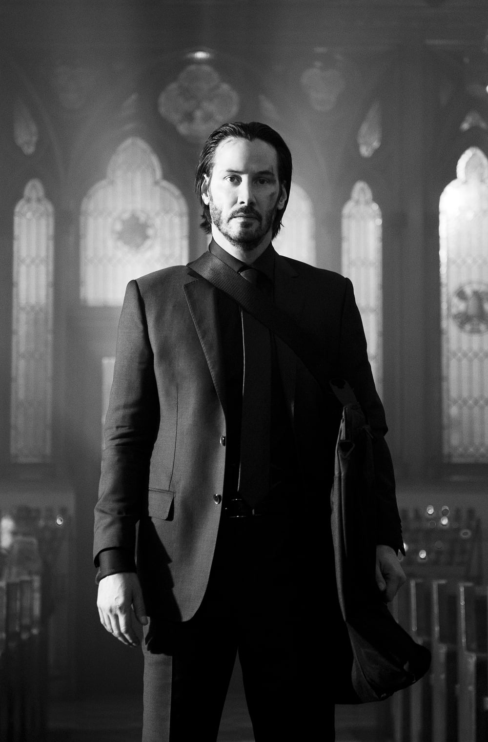 suits, monochrome, film stills, Keanu Reeves, church, men, beard, 720P, tie, John Wick, Phone HD Wallpaper