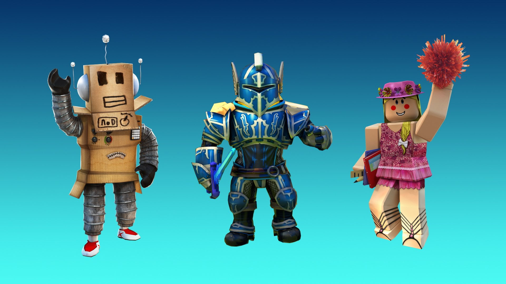 offspring, boys, people, colored background, Roblox, toy, blue background, front view, fun, 1080P, studio shot, three people, males, men, full length, HD Wallpaper