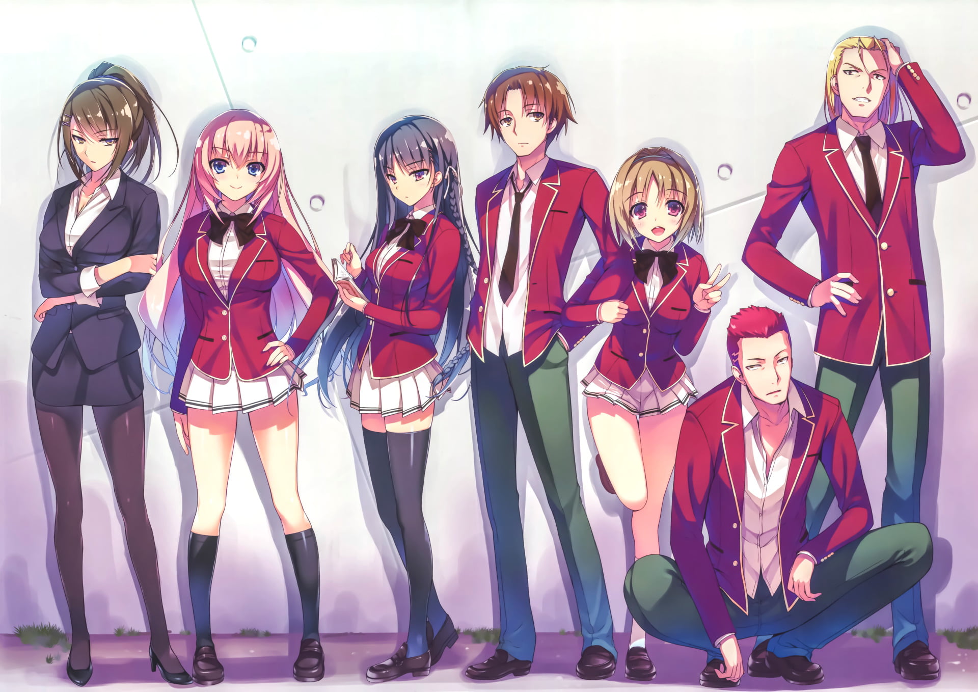 Honami Ichinose, in a row, red, group of people, adult, indoors, clothing, Suzune Horikita, costume, Ken Sudō, front view, creativity, men, Kikyō Kushida, HD Wallpaper