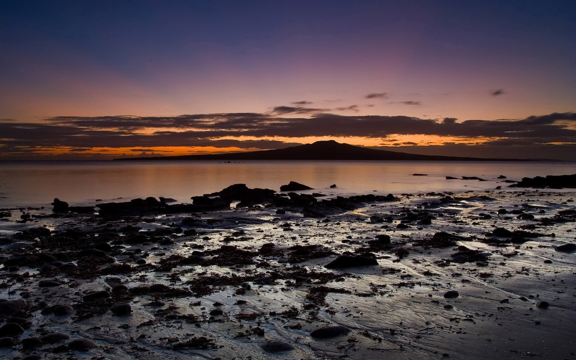 mountain, sky, solid, New Zealand, tranquil scene, Auckland, water, landscape, land, nature, cloud - sky, low tide, sunset, environment, travel destinations, HD Wallpaper