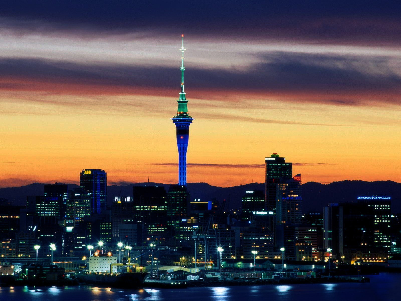 architecture, sunset, town, global communications, office building exterior, modern, travel, tower, building exterior, lights, illuminated, New Zealand, HD Wallpaper