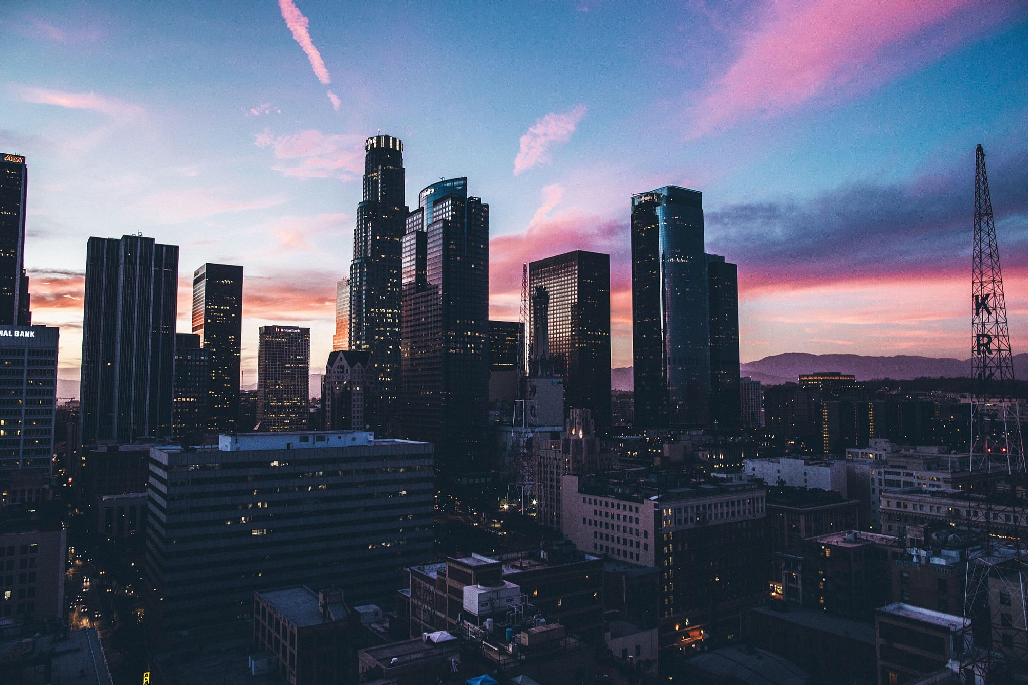 1080P, skyscraper, sunset, Los Angeles, clouds, mountains, silhouette, cityscape, HD Wallpaper