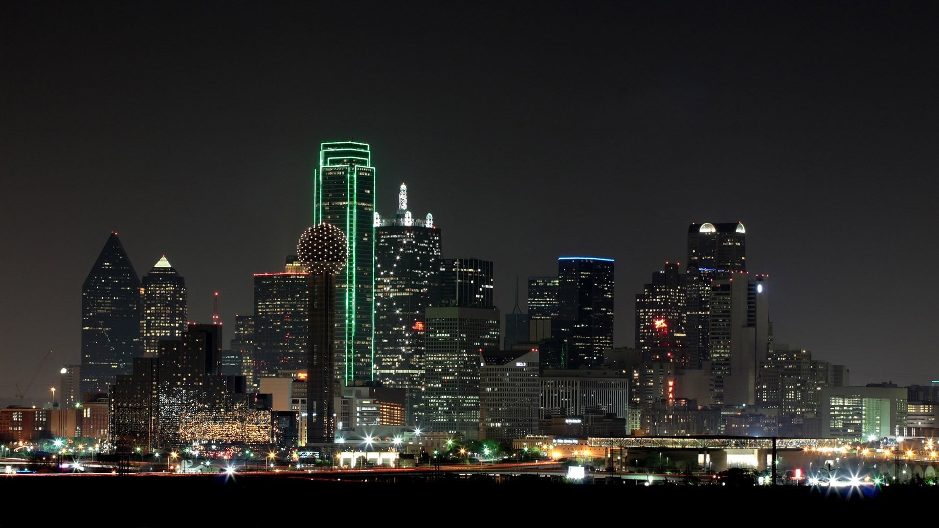 illuminated, financial district, 1080P, architecture, office building exterior, landscape, building exterior, urban skyline, night, water, built structure, HD Wallpaper