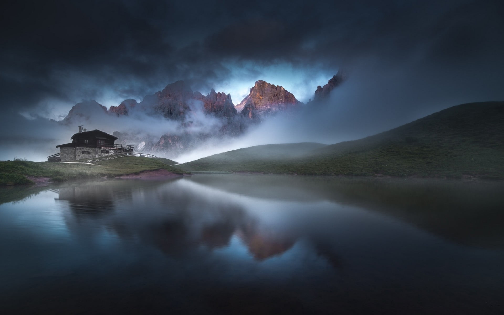calm, illustration, reflection, nature, building exterior, beauty in nature, 1080P, mountains, gray, cloud - sky, tranquility, environment, built structure, HD Wallpaper